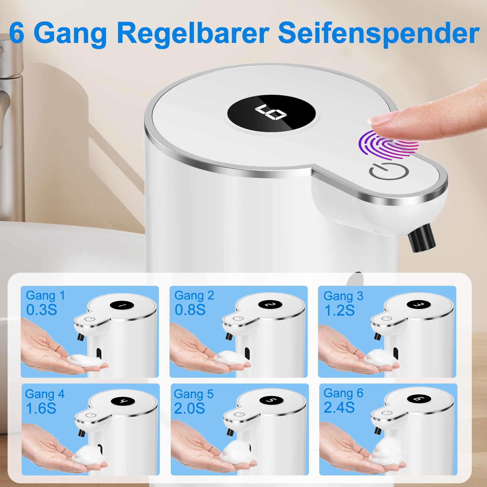 Fantictas Automatisch Seifenspender, Elektrischer Schaumseifenspender mit Display, USB-Wiederaufladbarer,6-Stufig Einstellbar, 380ml Wandmontage für Badezimmer/Küche/Geschirrspülmittel, Weiß