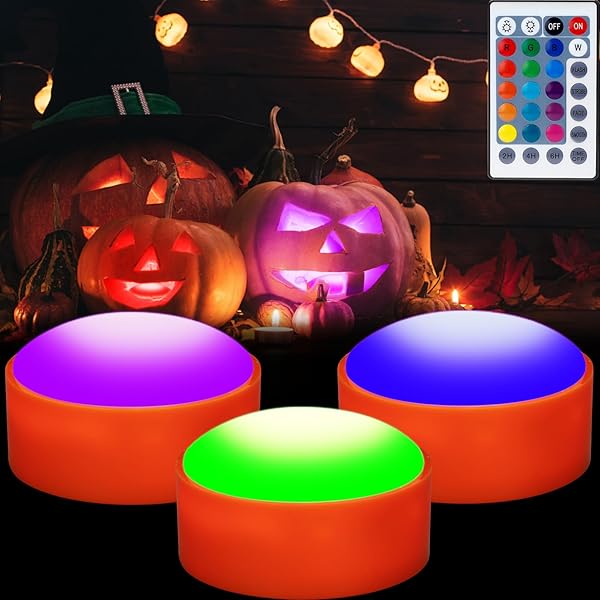Litake Halloween Jack-O-Lantern Lights Dimmable Timer Color Changing Pumpkin Lights Remote Control LED Battery Operated Lights with Push Touch Stick on Pumpkin Lighting for Halloween Decoration 3 Pack