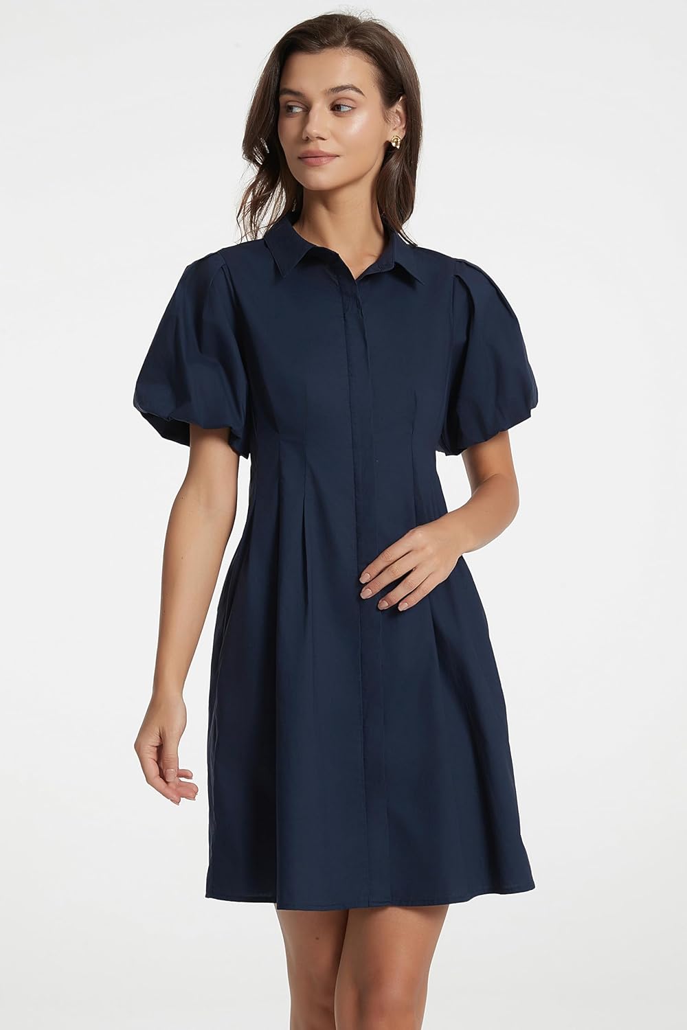D-Sun Women's Short Puff Sleeve Shirt Dress Button Down Pleated Mini Dress Casual Short Dresses - Image 2