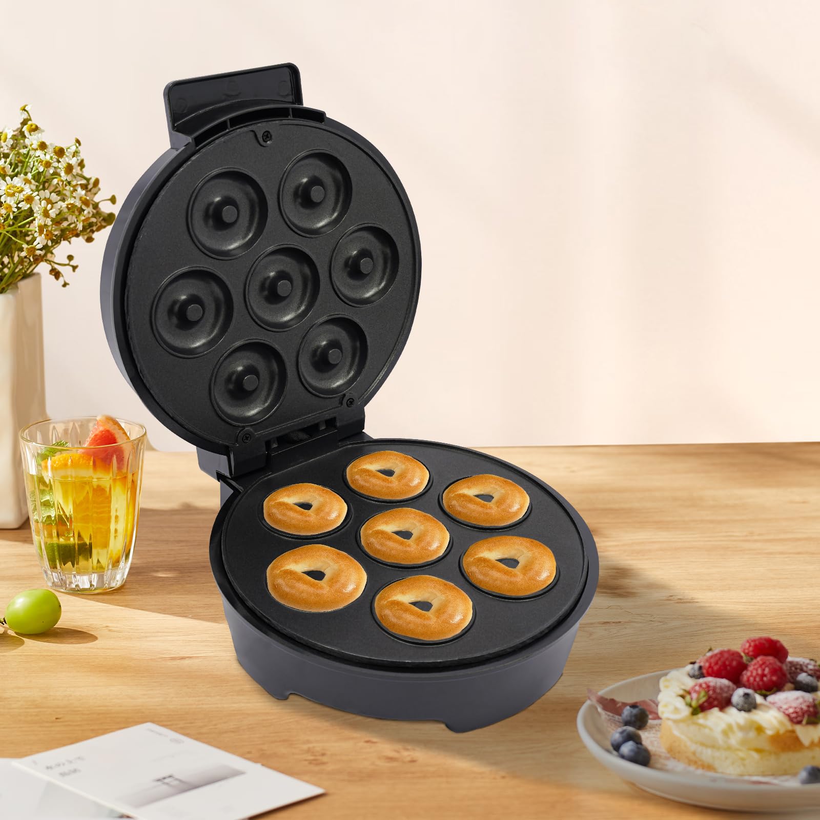 Donut Maker Donut Ständer Appareil à Donuts Machine à Mini Beignets Électrique, Enfants Petit Déjeuner, 7 Petits Donuts, Revêtement Antiadhésif, Double Face 1000 W
