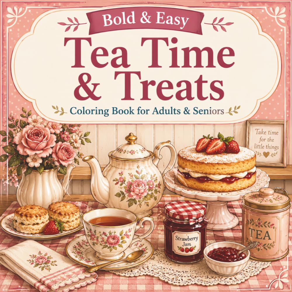 Bold & Easy Tea Time and Treats: Large Print Coloring Book for Seniors with Cakes, Chocolates, Desserts, Afternoon Tea Treats and Sweet Bakery Designs