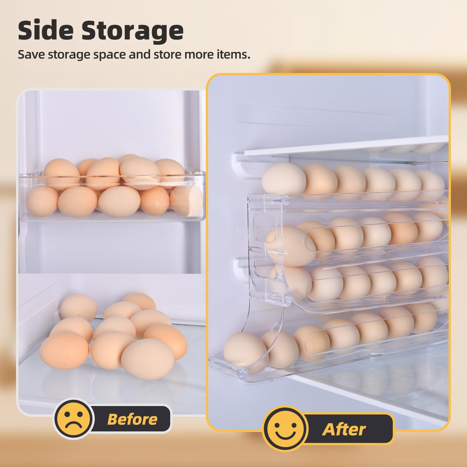 Soporte para huevos de 4 niveles para nevera, soporte para huevos de desplazamiento automático, organizador de huevos de gran capacidad, almacenamiento de 30 huevos para nevera, transparente