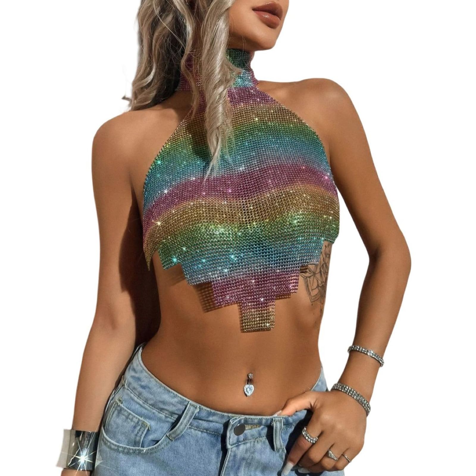 Sexy Crop Top per Le Donne Multicolor Strass Halter Backless Orlo Irregolare Partito Club Night Tank