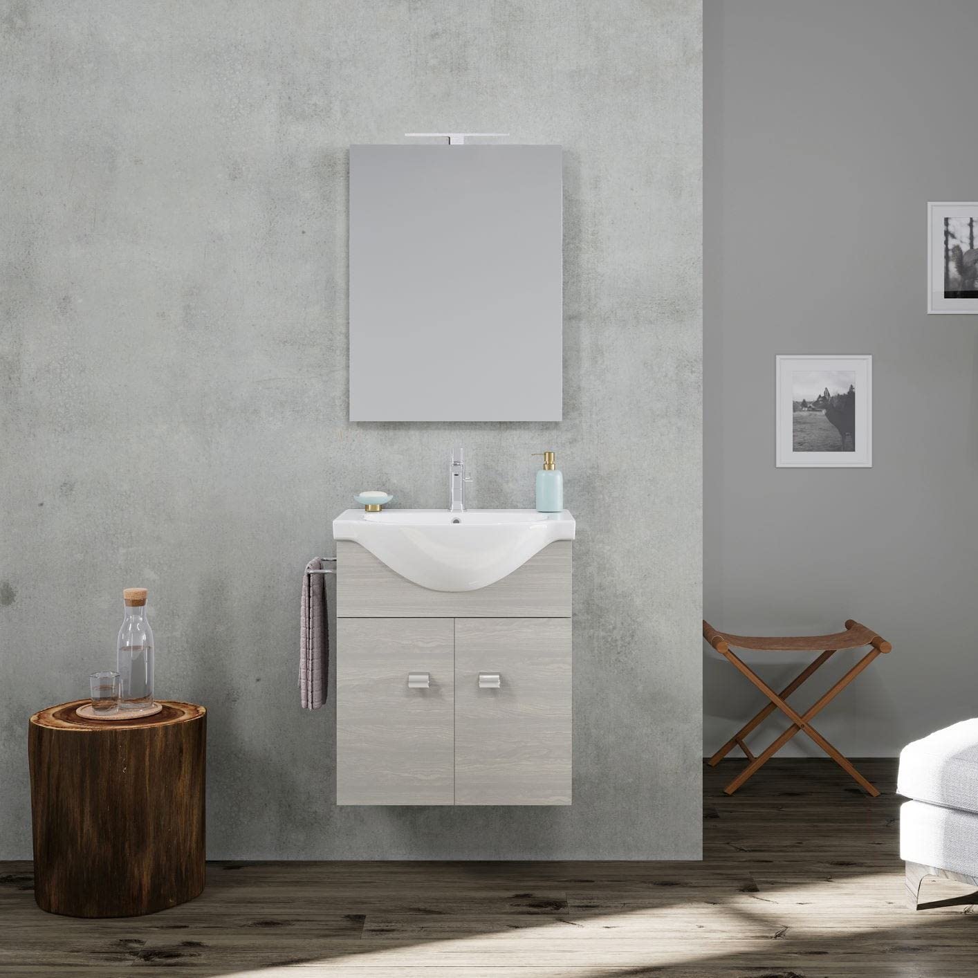 Mobile Bagno Sospeso 56 Cm Bianco Con Lavabo Ceramica E Specchio | Ideale Per Spazi Piccoli - Linea Simply - Foto 5