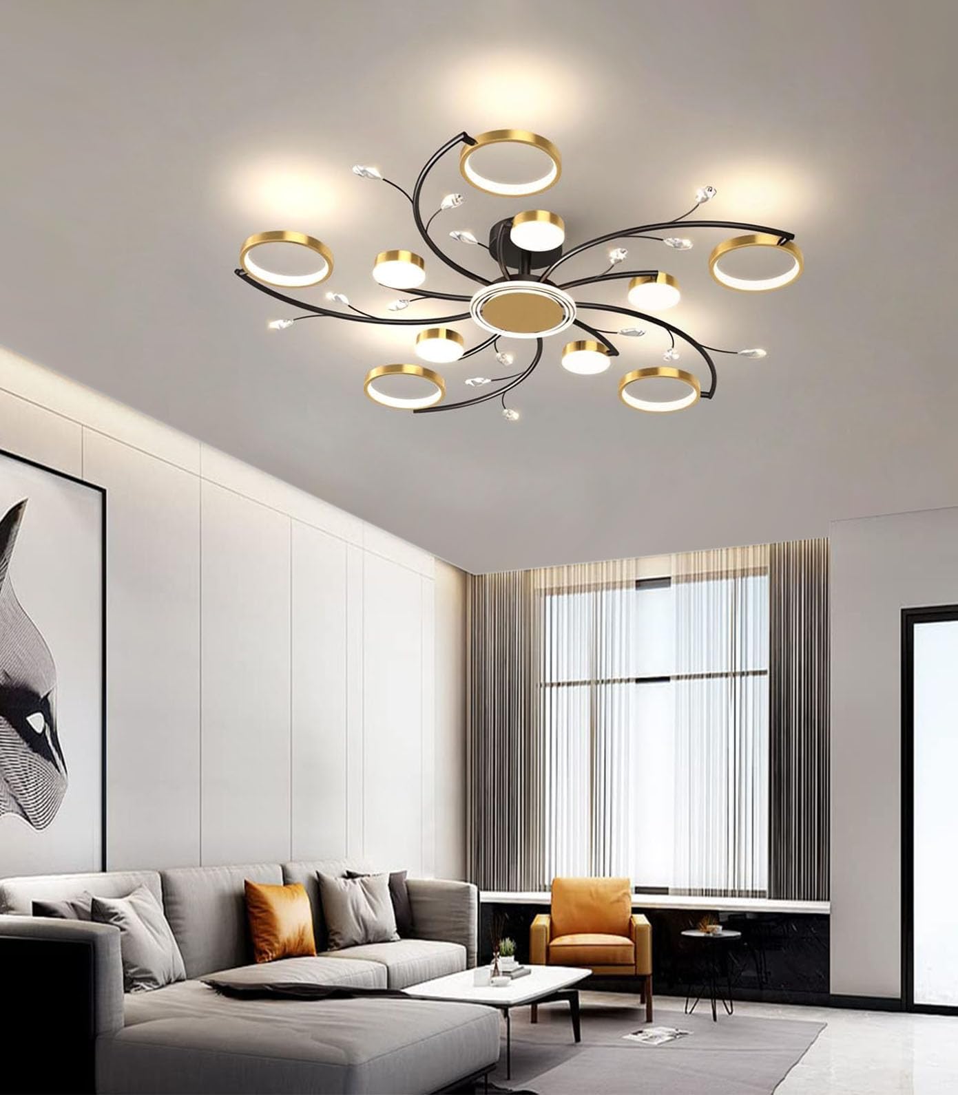 Moilsren Modern LED Ceiling Light Living Room, Flower Dimmable Flush Mount Ceiling Lamp Remote Control Ceiling Light Black and Gold Chandelier for Bedroom, Living Room Dining Room (10 Heads)