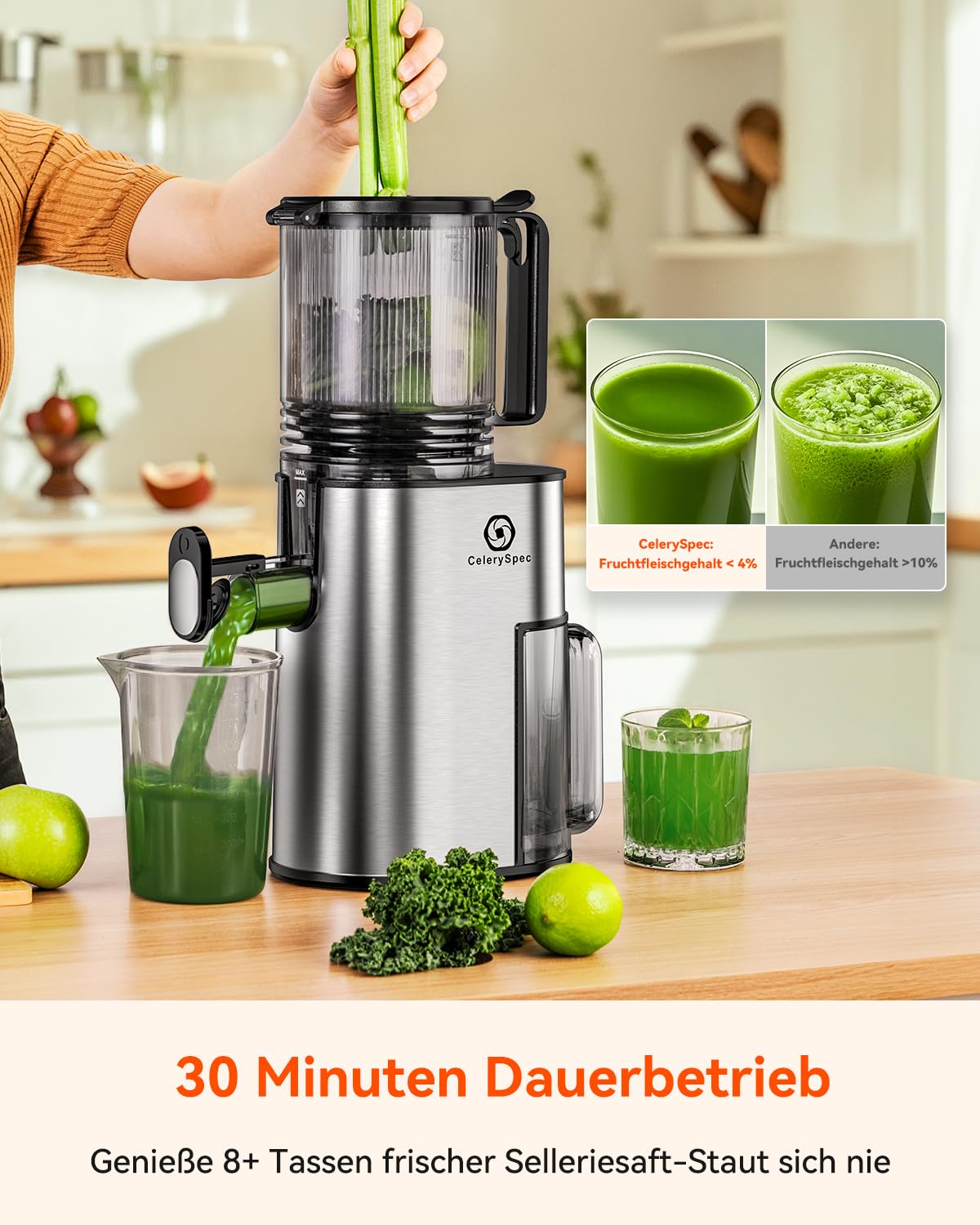 Slow Juicer Testsieger, Entsafter für Ganze Gemüse und Obst, Juicer Machine mit 130 mm Einfüllöffnung, 1,8L, BPA-frei, 250W, Rücklauffunktion, einfache Reinigung, Edelstahl Schwarz
