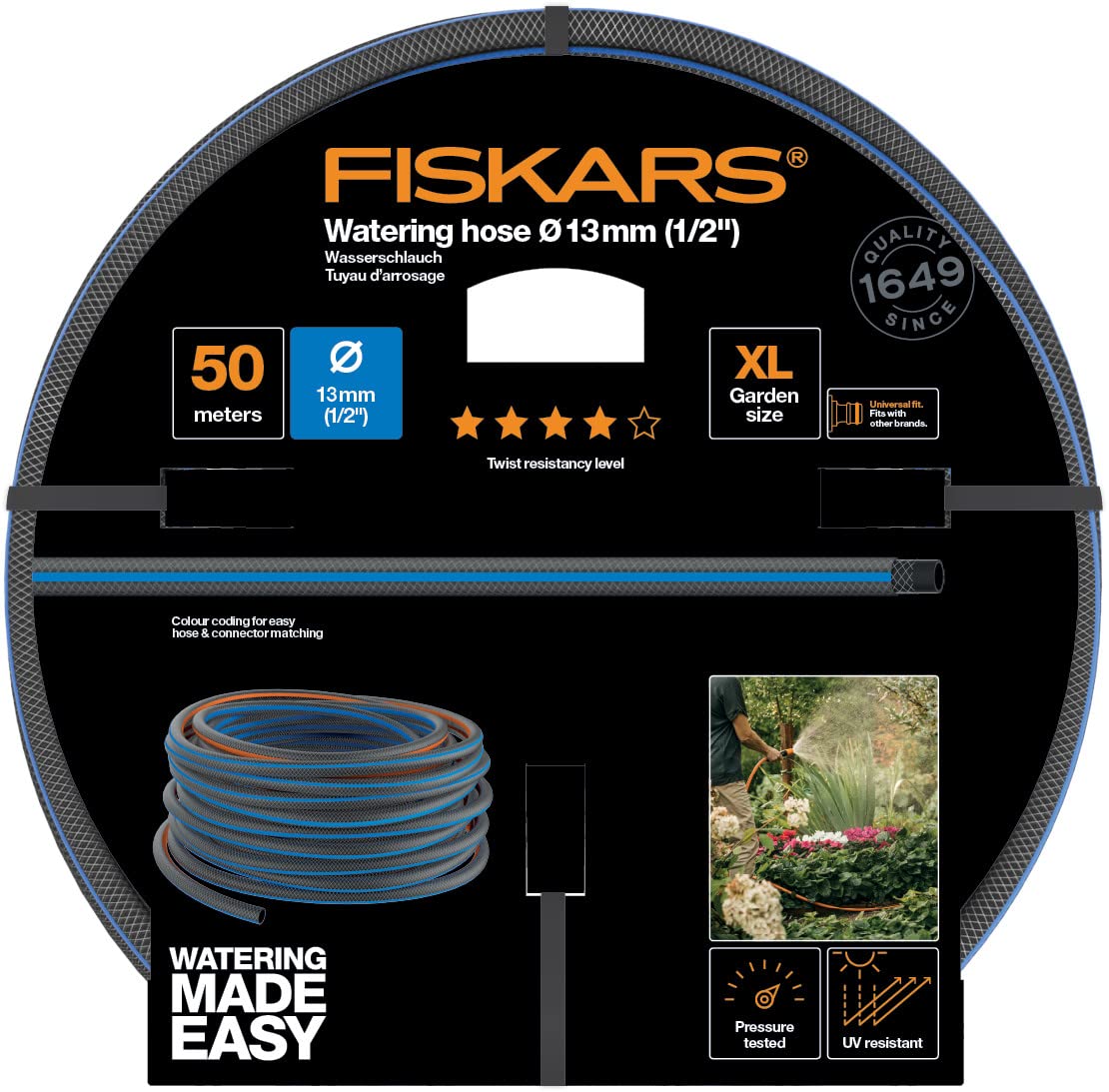 Fiskars Manguera de riego XL, Protegido contra los rayos UV, Probado a presión, Nivel de rigidez a la torsión 4 (sobre 5), 50 m, Ø 1,3 cm (1/2''), 7 kg, Negro/Naranja/Azul, 1027106