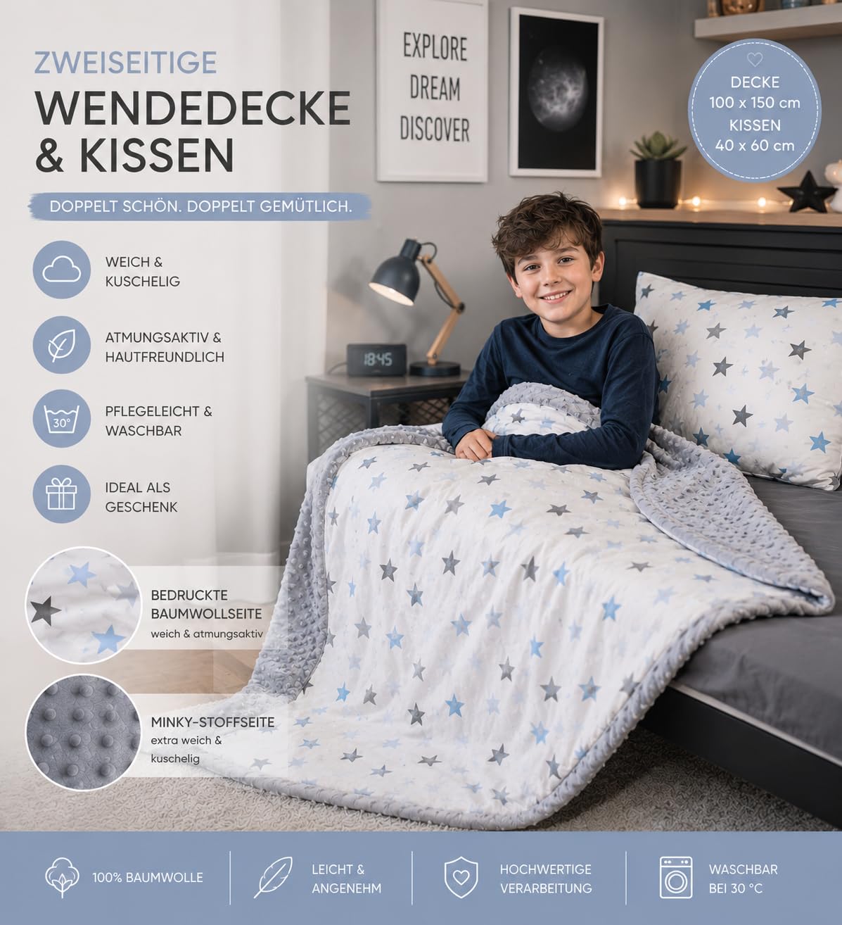 Babylux Kuscheldecke 100 x 150 cm Decke Babydecke Kinderdecke Bettdecke Groß Kissen Minky XXL (4. Grau + Sterne mit Kissen)
