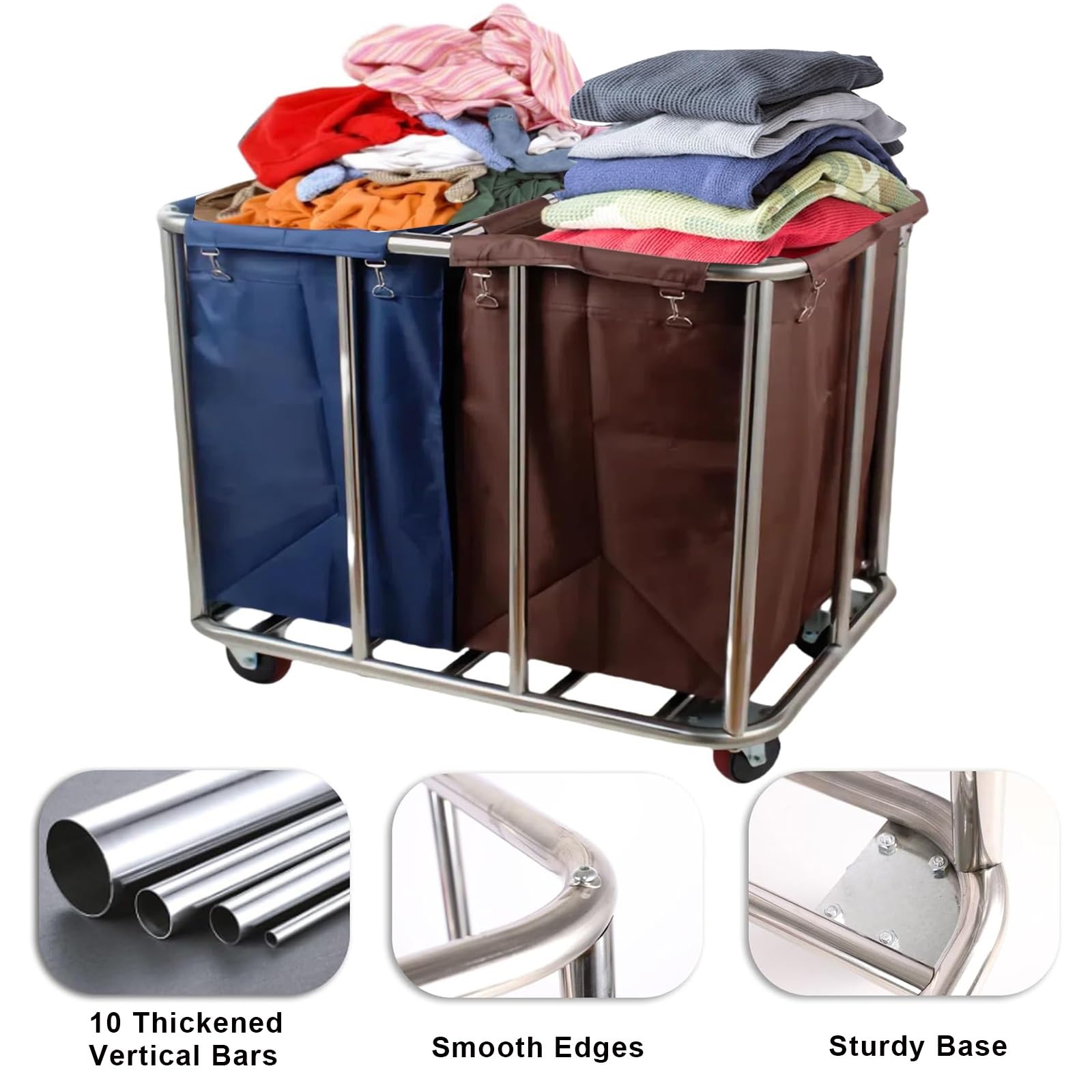 FQMYLTYN Carro Clasificador de Ropa Comercial con Ruedas, Carro de Lavandería Industrial de 400 L, Cesto para Ropa Blanca de Hotel con Estructura de Acero Inoxidable y Tela Oxford Impermeable