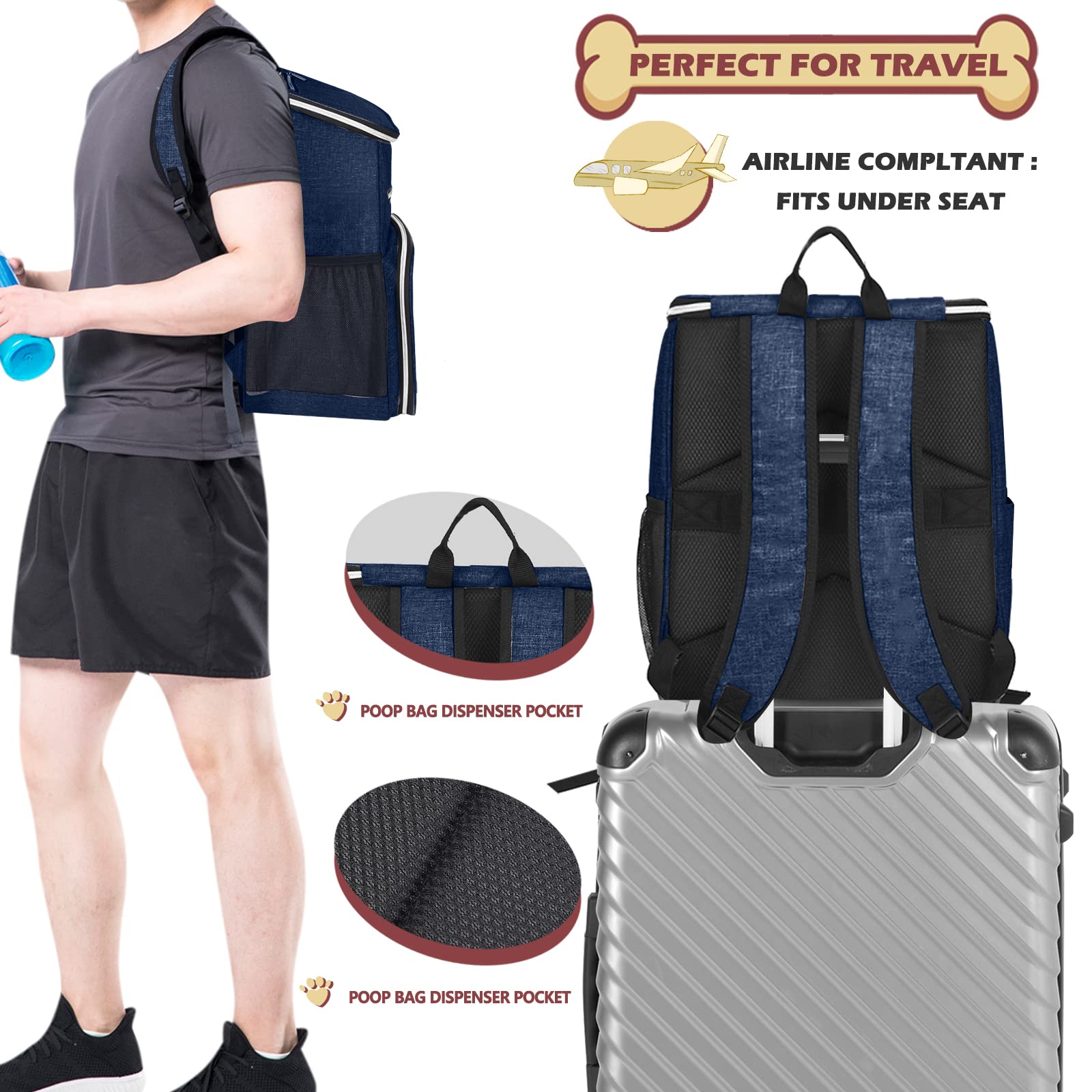 BAGLHER 丨Hundereisetasche Rucksack, Fluggesellschaft zugelassener Haustierbedarf, Hundetasche mit 2 faltbaren Silikonnäpfen und 2 Futterkörben, Dunkelblau
