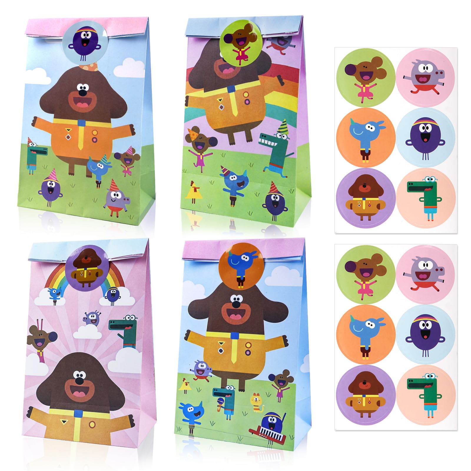 12 Pcs Dugg-e Party Bags for Kids, Paper Gift Bags with 12 Stickers, Candy Goodie Treat Bags for Birthday