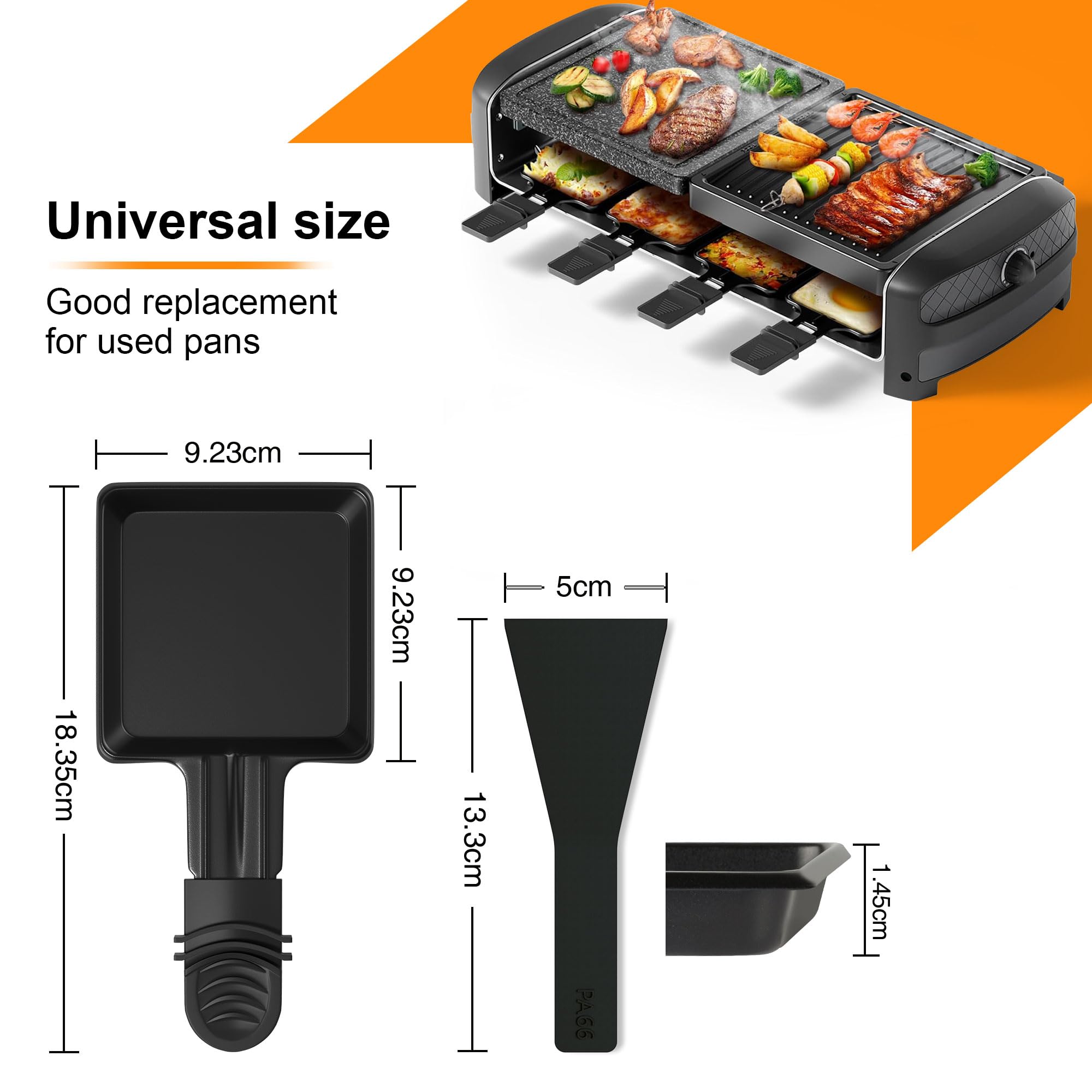 Yoassi 8pcs Mini Padelle per Raclette, Mini Piastra Raclette Antiaderente con 8 Spatole di Nylon, Misura Universale con Manici Antiscottatura, Padelle Quadrate da Raclette per Fuso Uovo Fritto