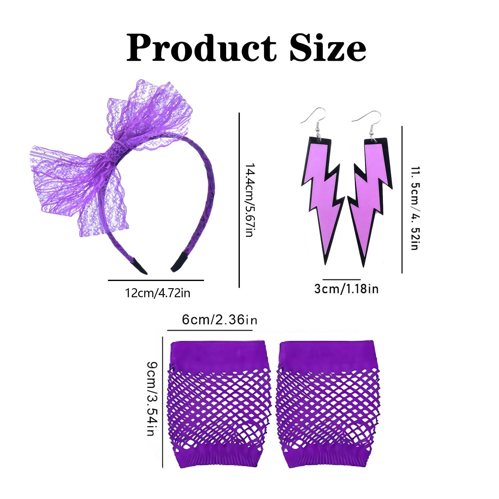 5 Pcs 80s Fancy Dress Costume Accessories, Lace Bow Headband, purple Fishnet Gloves, Earrings - Image 2