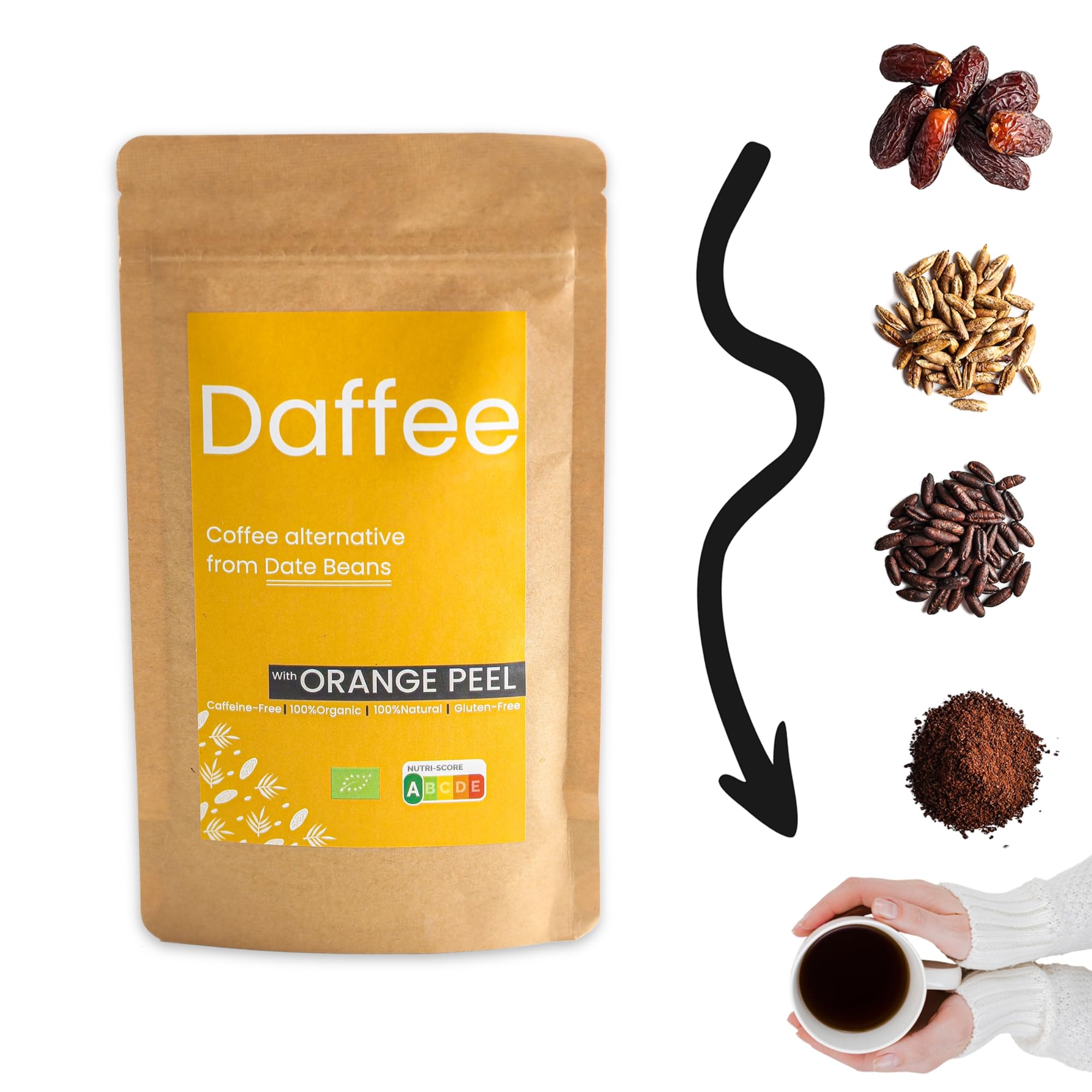 Coffee Alternative made from Ground Organic Date Beans | Natural Orange Peels | Natural Caffeine Free Coffee Replacement – Decaf Coffee Substitute - No CAF | Nutri Score A, 250g