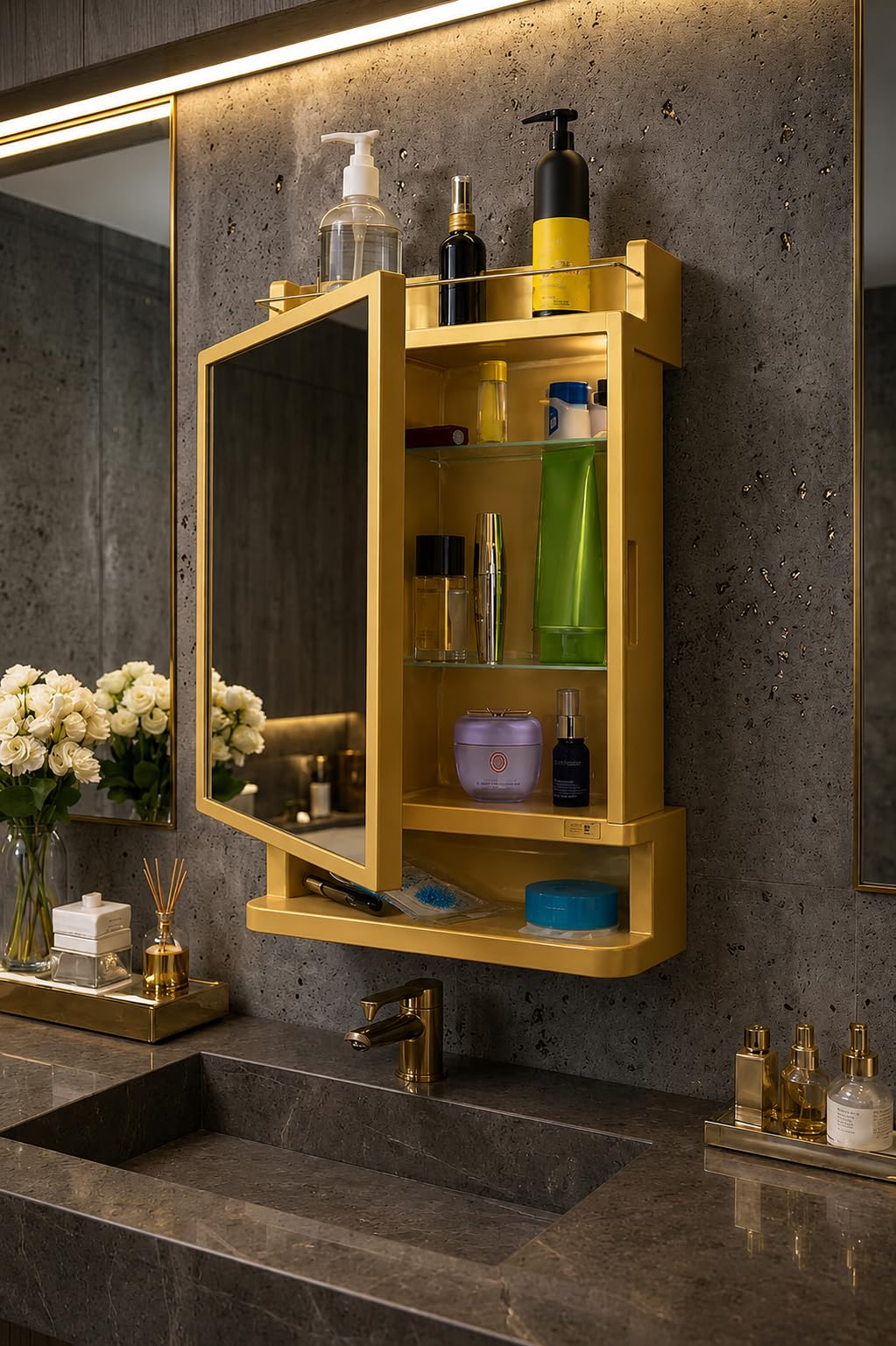 CIPLA PLAST Rich Look Bathroom Cabinet with Mirror | Storage Organiser | Strong Plastic Bathroom Shelves Wall Mounted | Bathroom Accessories| Mirror Cabinet- (Made in India) (Golden)-image-48