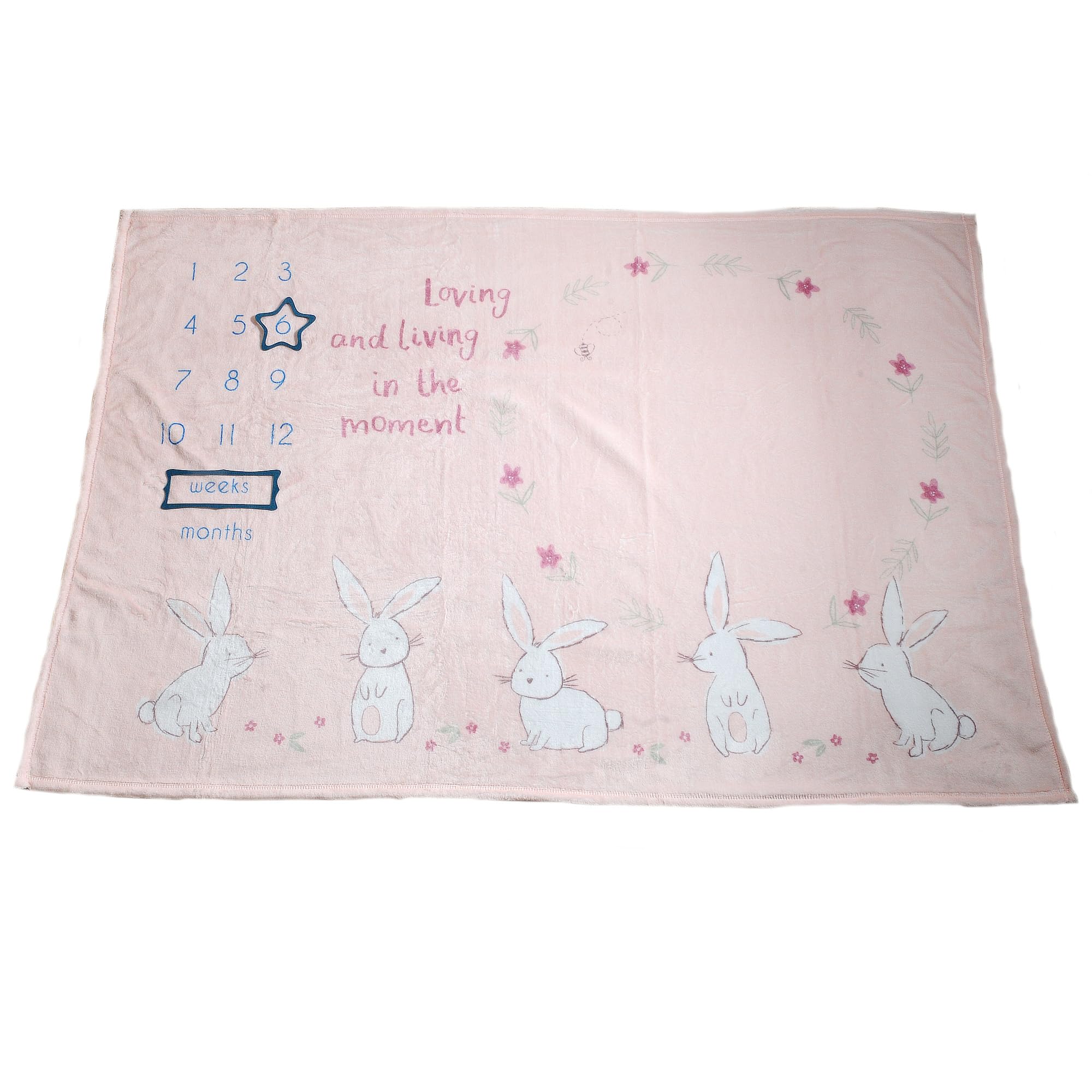 Ziggle Pink Bunnies Milestone Blanket- For Nursery Cot And Pram, New Baby Gift