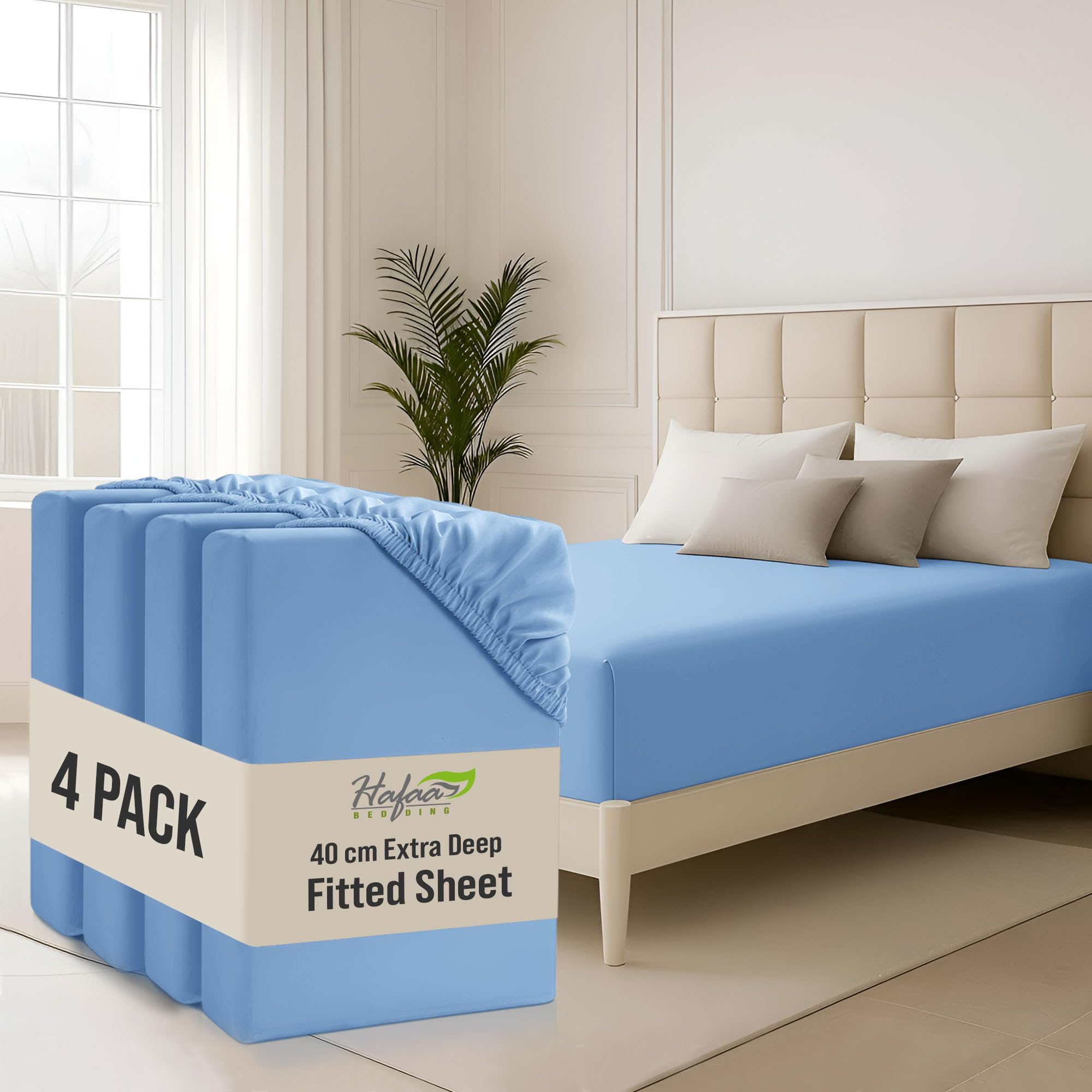 Hafaa Super King Fitted Sheet 4 Pack 40Cm Deep Pocket 16 Inch Sky Blue Bed Sheets Hotel Quality Soft Brushed Microfiber Fabric Breathable Shrinkage Fade Resistant Bedsheets