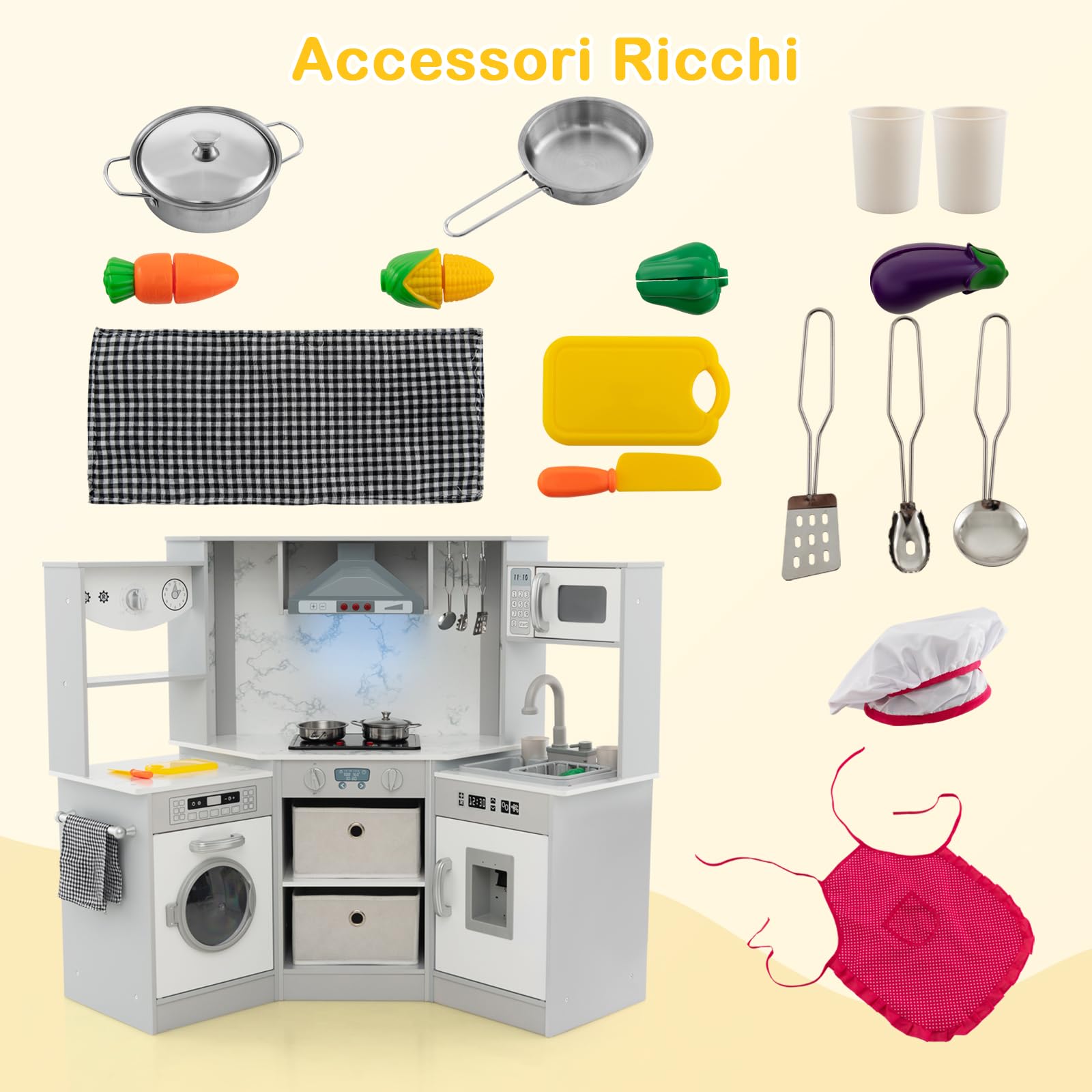 GYMAX Cucina da Gioco ad Angolo, Cucina Giocattolo in Legno con Luci e Suoni Realistici, Sistema di Circolazione dell'Acqua, Lavatrice e Accessori, per Bambini dai 3 Anni+ (Grigio)