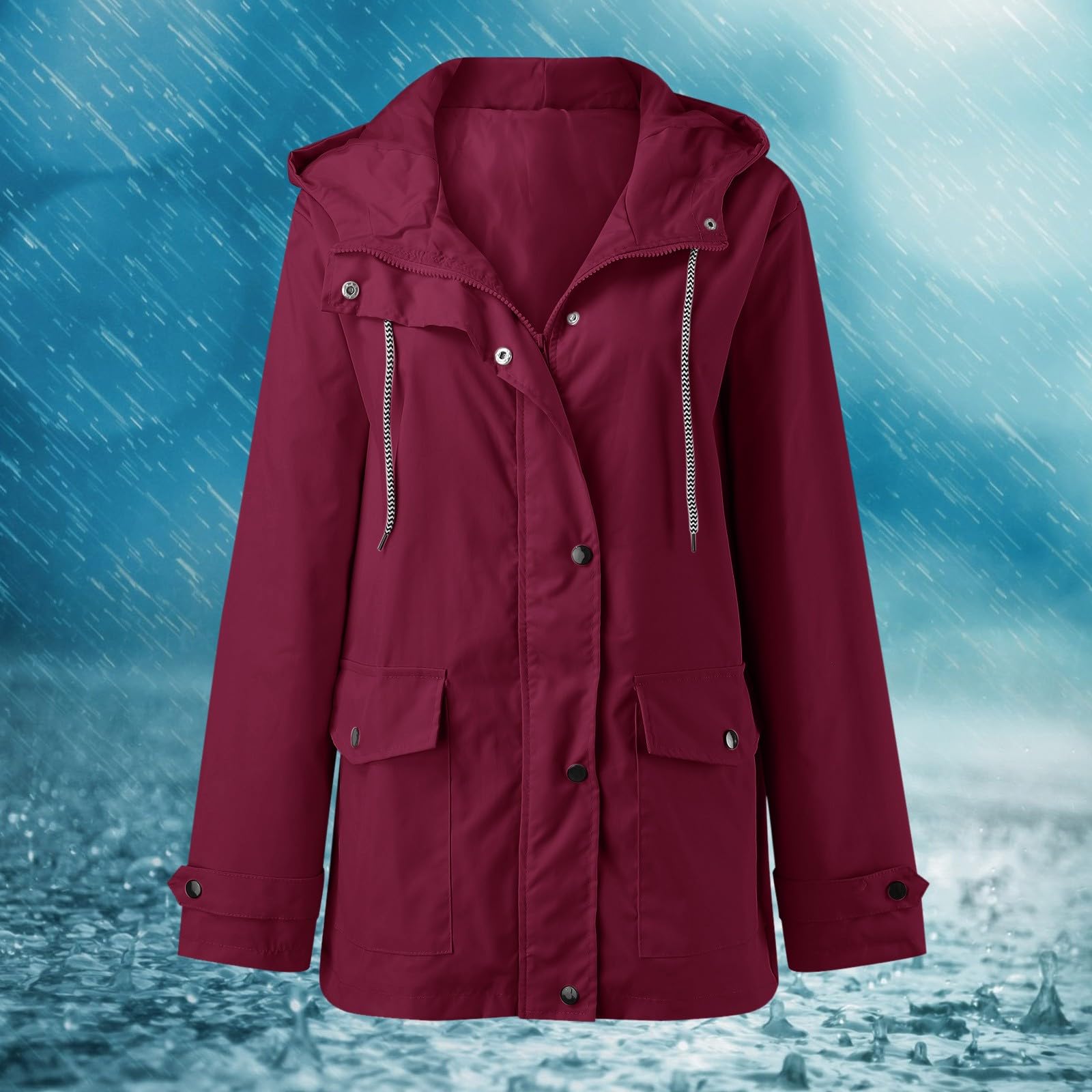 Regenjacke Damen-Kapuzenpullover wasserdichter Regenmantel mit soliden Taschen Reißverschlussjacke für Workout Outdoor-Jacke
