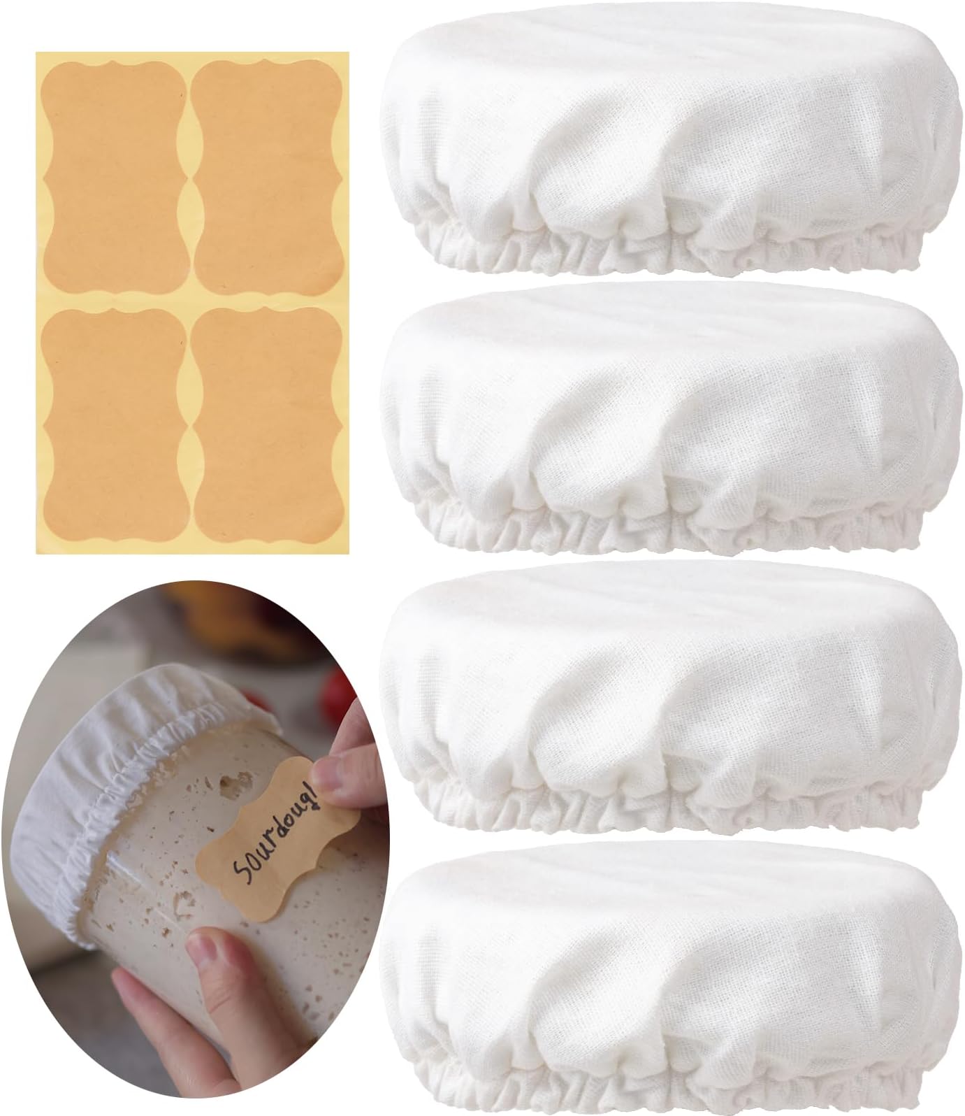 4 inch Sourdough Jar Cover, Wide Mouth Reusable Cloth Lid for Sour Dough Starter Jar, 4Pack Cotton Bread Fermentation Container Tops Elastic Fabric Caps for Weck Mason Kombucha Jars