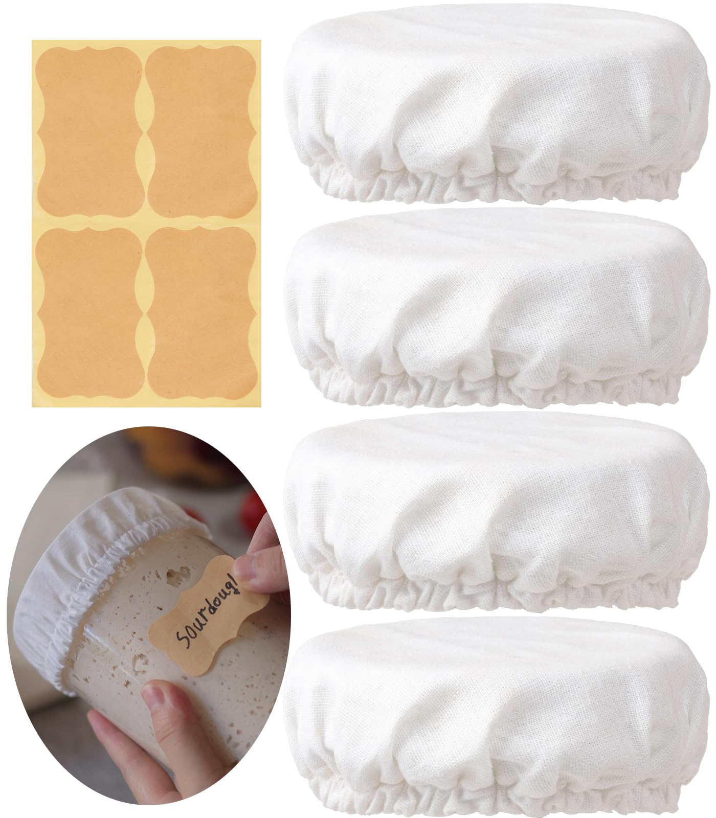 Perenllareta 4 inch Sourdough Jar Cover, Wide Mouth Reusable Cloth Lid for Sour Dough Starter Jar, 4Pack Cotton Bread Fermentation Container Tops Elastic Fabric Caps for Weck Mason Kombucha Jars