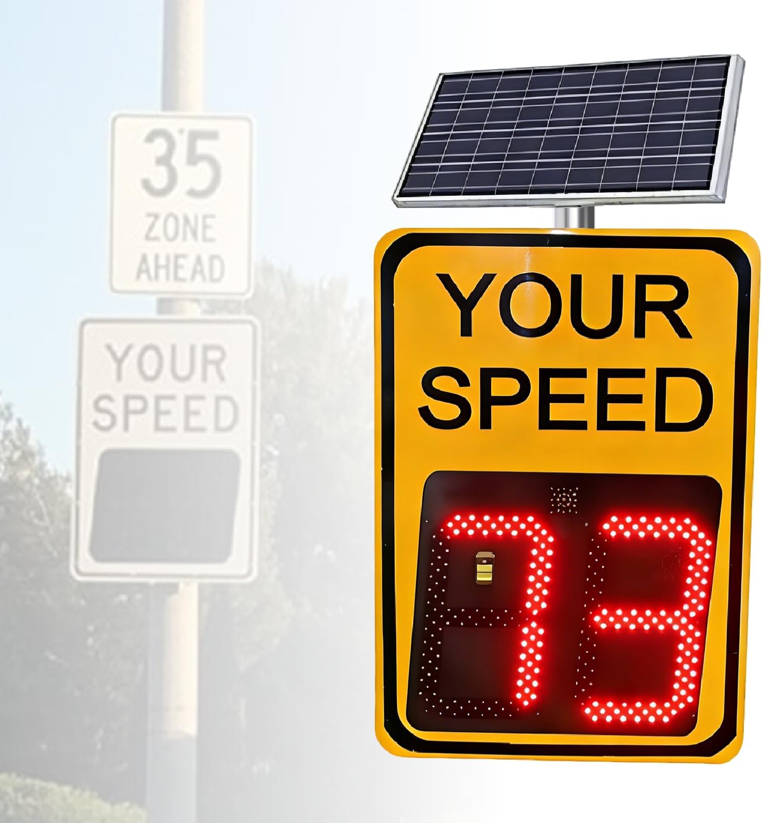 Solar-powered radar speed limit sign, LED radar feedback display, snowflake light + italicized numbers design, IP65 waterproof, includes solar panel and remote control Yellow-53 * 70cm