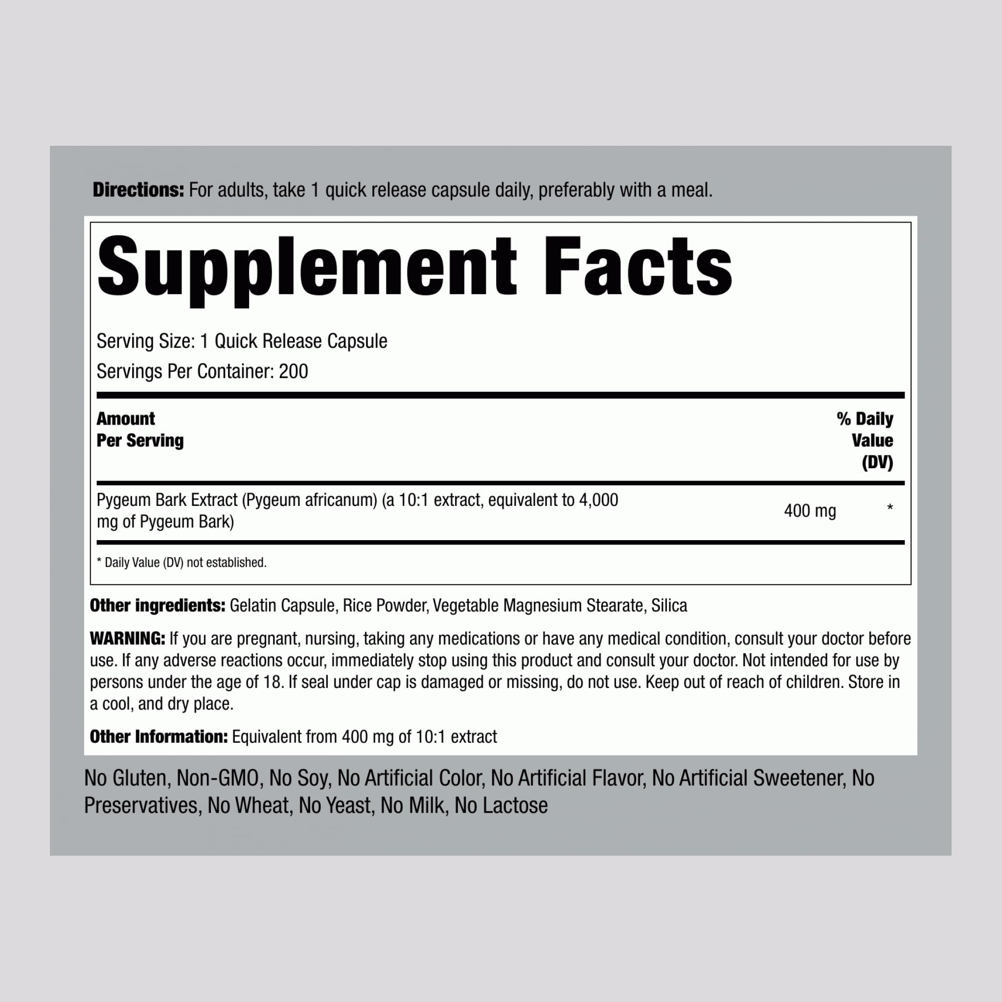 Piping Rock Pygeum Supplement | 200 Capsules | Concentrated Extract — Amazon image 2