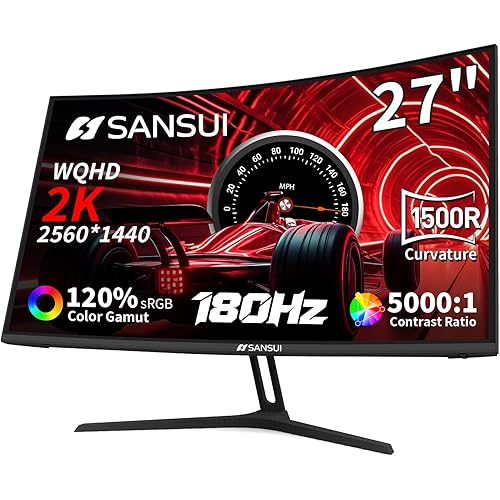 SANSUI 27 Inch WQHD 2560X1440 Curved Gaming Monitor, 180Hz MPRT 1ms Computer Monitor,HDMI2.0 * 2, DP1.2 * 2, Freesync, Curved 1500R, 5000:1 Contrast Ratio, 120% sRGB,HDR(ES-G27C1Q DP Cable Included)
