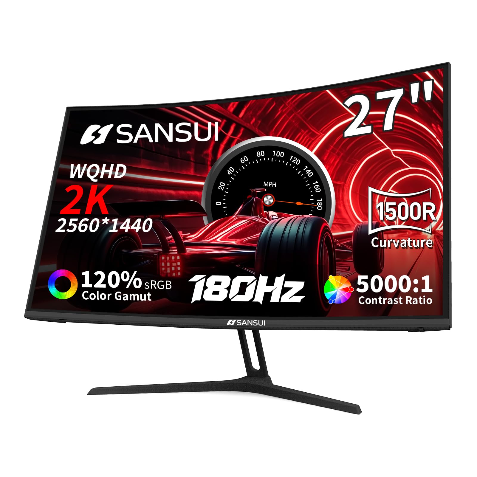 SANSUI 27 Inch WQHD 2560X1440 Curved Gaming Monitor, 180Hz MPRT 1ms Computer Monitor,HDMI2.0 * 2, DP1.2 * 2, Freesync, Curved 1500R, 5000:1 Contrast Ratio, 120% sRGB,HDR(ES-G27C1Q DP Cable Included)