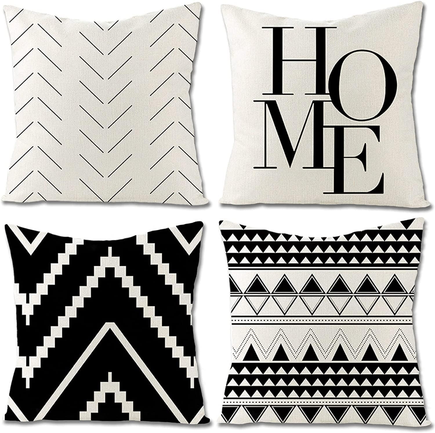 Cushion Covers 45 x 45 cm Set of 4, Black White Pattern Throw Pillow Covers Encrypted Linen 18x18 Inches Outdoor Cushion Covers for Home Decor Garden Courtyard