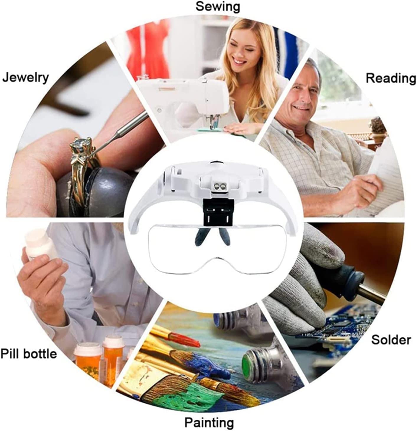 Lámpara de lupa manos libres, lupa con cabeza de cabeza de carga USB con luz LED, joyería, reloj de manualidades, 5 lentes, cuello de cisne flexible, brazo de matrimonio,