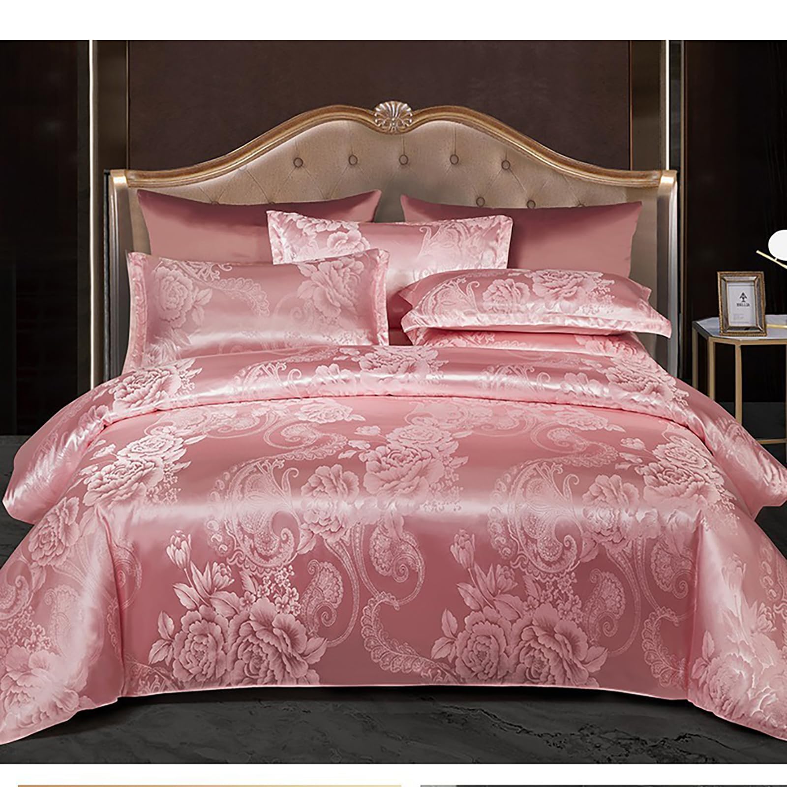 E-yimeng Double Bedding Set Silk Satin Duvet Cover Sets Bohemian Bed Cover with 2 Pillowcases Zipper Luxury Reversible Hotel Quality Easy Care Super Soft Bedding Collections Pink 200x200 cm — image 1