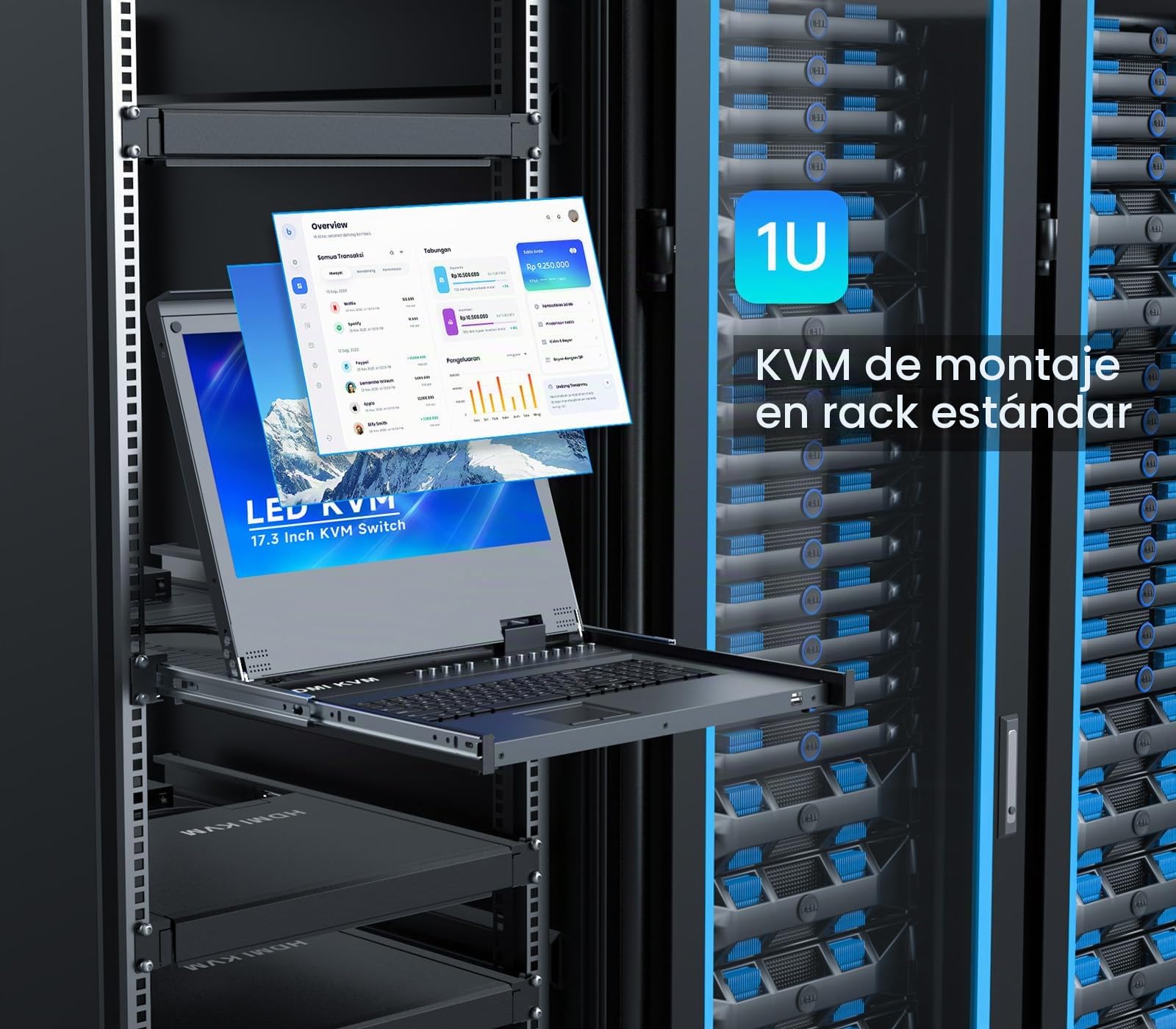 Consola KVM LCD de 17 pulgadas, 8 puertos, HDMI, Yinker Rackmount KVM Switch Fit 1U 19", monitor de teclado y cajón con panel táctil integrado + cables