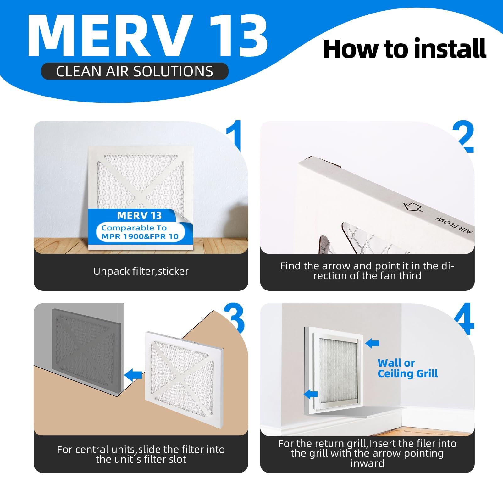 Lot de 6 filtres à air plissés pour four MPR 1900 et FPR 10, MERV 13 (taille réelle : 29,7 x 29,7 x 1,9 cm)