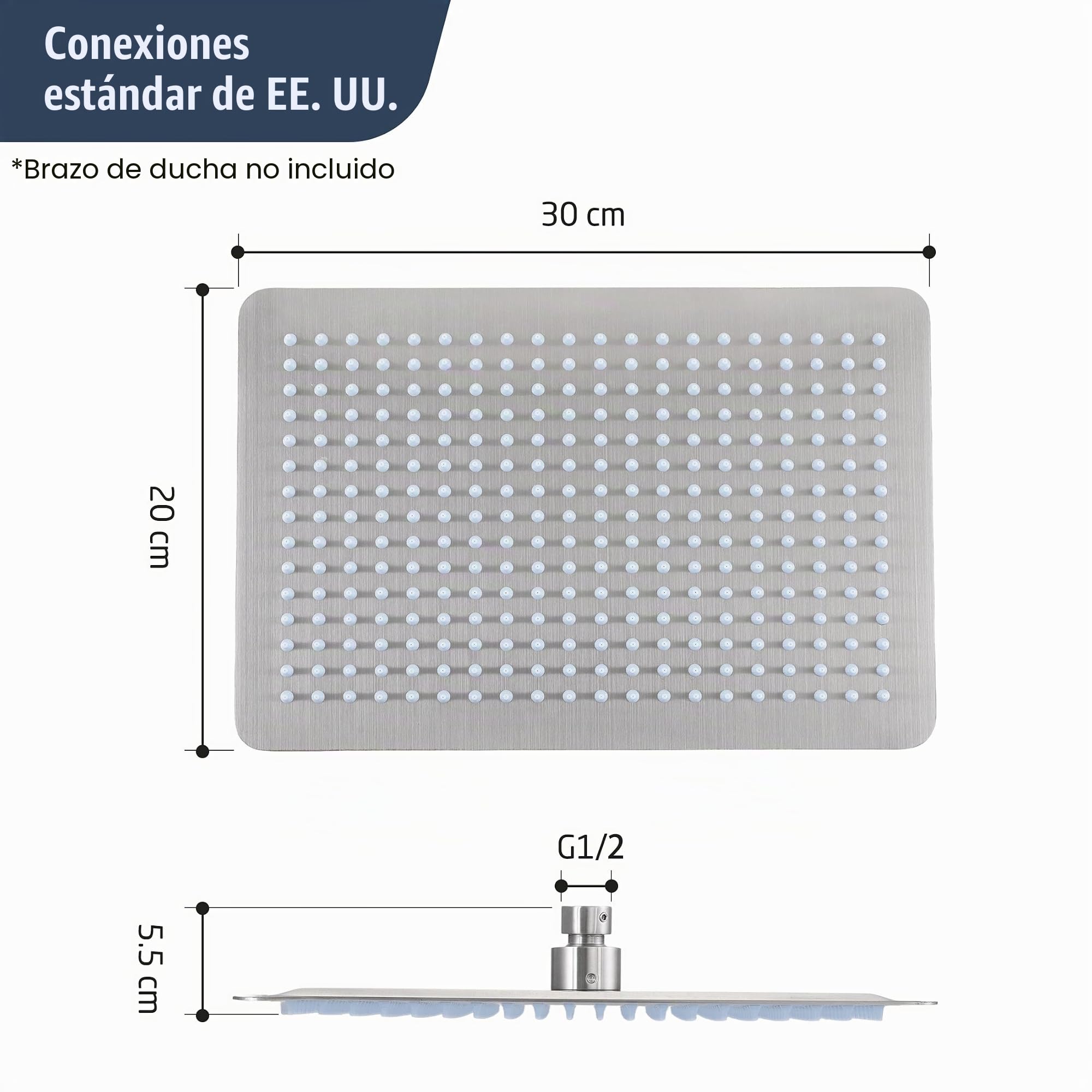 KES Alcachofa Ducha Grande Rociador para Ducha Acero Inoxidable 18/8 30x20CM Rectángulo Baño Alcachofa Giratorio Alta Presión Ajustable Cepillado, J215S12F25-BS