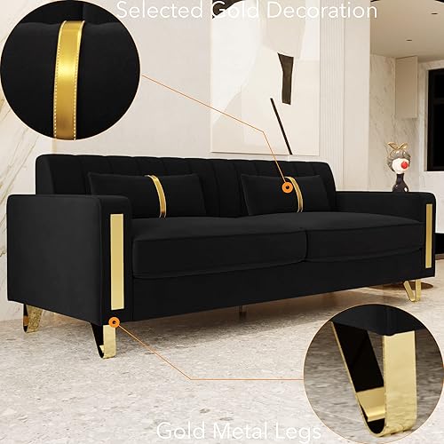 Miniatura 8 de Sofá moderno de terciopelo negro de 85.63 pulgadas con patas de metal dorado, tapizado grande, cómodo sofá de 3 plazas para sala de estar,
