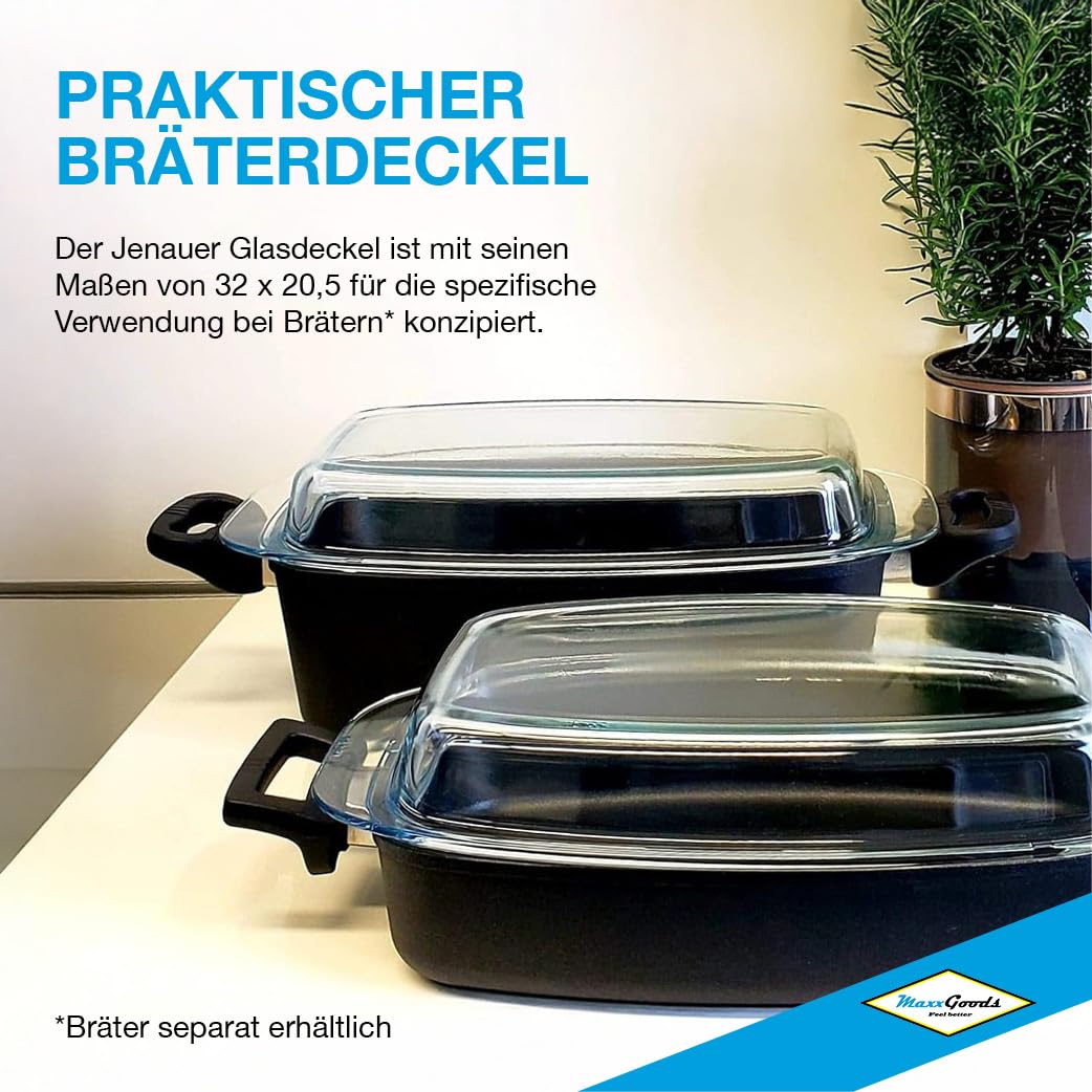 Jenauer couvercle en verre pour plat à gratin 32 × 20,5 cm – avec poignées, compatible four jusqu’à 260 °C, lave-vaisselle – pour tous plats à rôtir