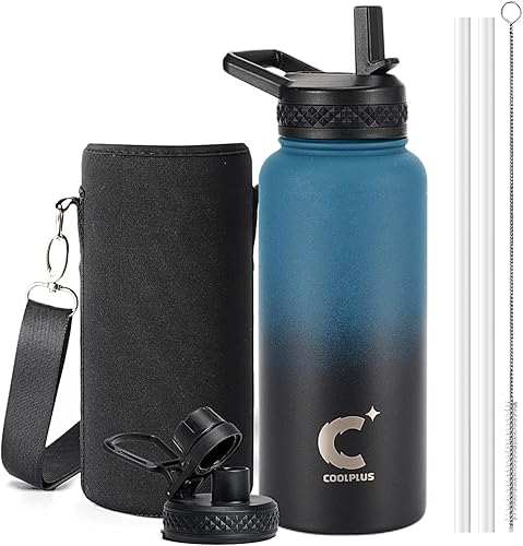 Coolplus Botella de agua de 32 onzas aislada, frasco de agua de acero inoxidable con pajilla, de metal de doble pared al vacío con funda de