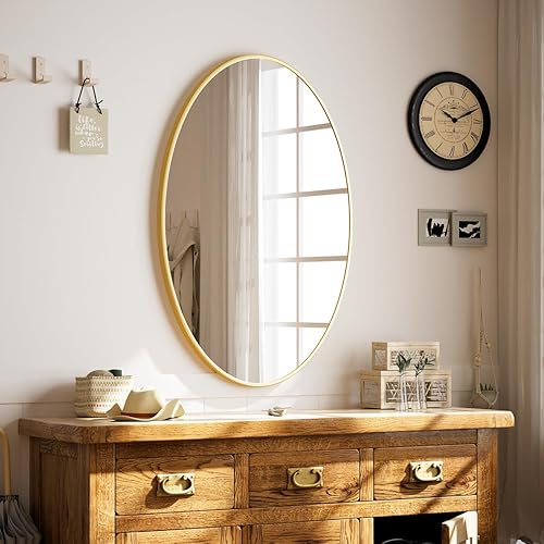 Miniatura 7 de Espejo de baño ovalado, dorado de 26 x 38 pulgadas, espejo de pared moderno para dormitorio, sala de estar, horizontal o vertical