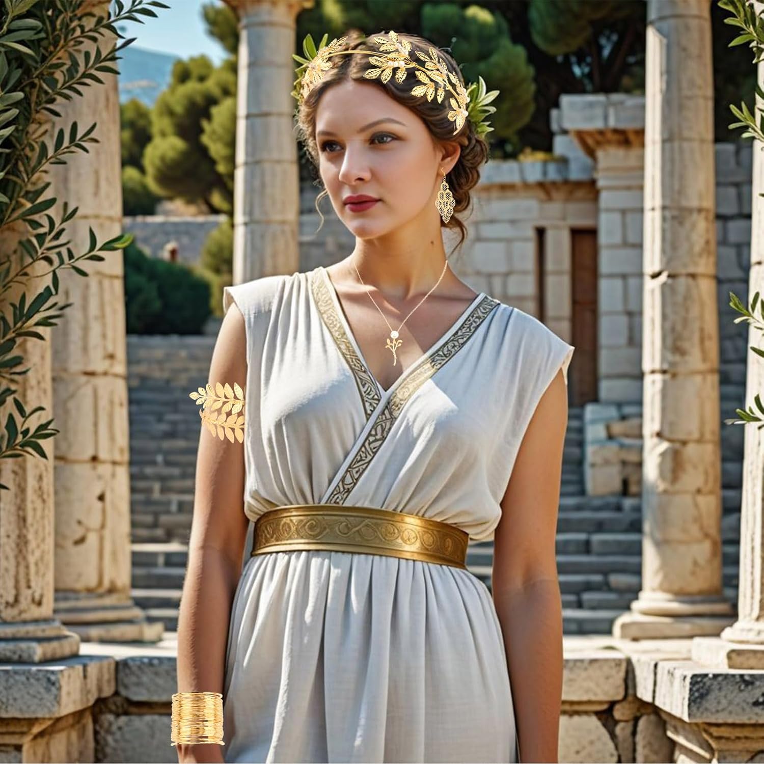 Greek Goddess Accessories Costume Women Toga Accessories Women Gold Laurel Leaf Crown Headband, Leaf Sidecomb, Armband, wristband, Necklace, and 4pcs Gold Leaf Earrings for Cosplay, Wedding - Image 6