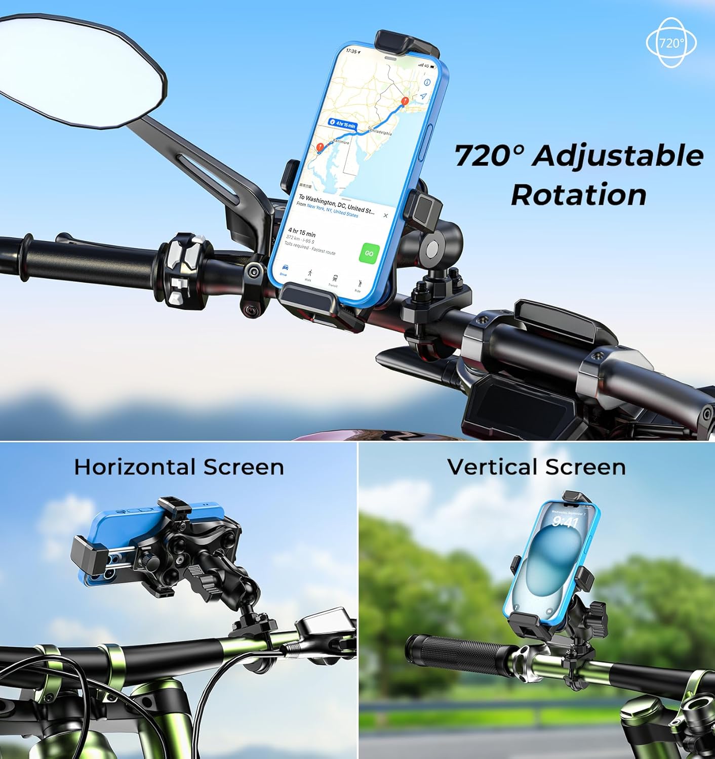 Motorcycle Phone Mount [Vibration Dampener] [High-Speed Secure Lock] Anti-Shake Motorcycle Cellphone Holder, Bike Phone Mount with Short Arm for 0.5"-1.26" Handlebar, 4.7"-7.2" Smartphone