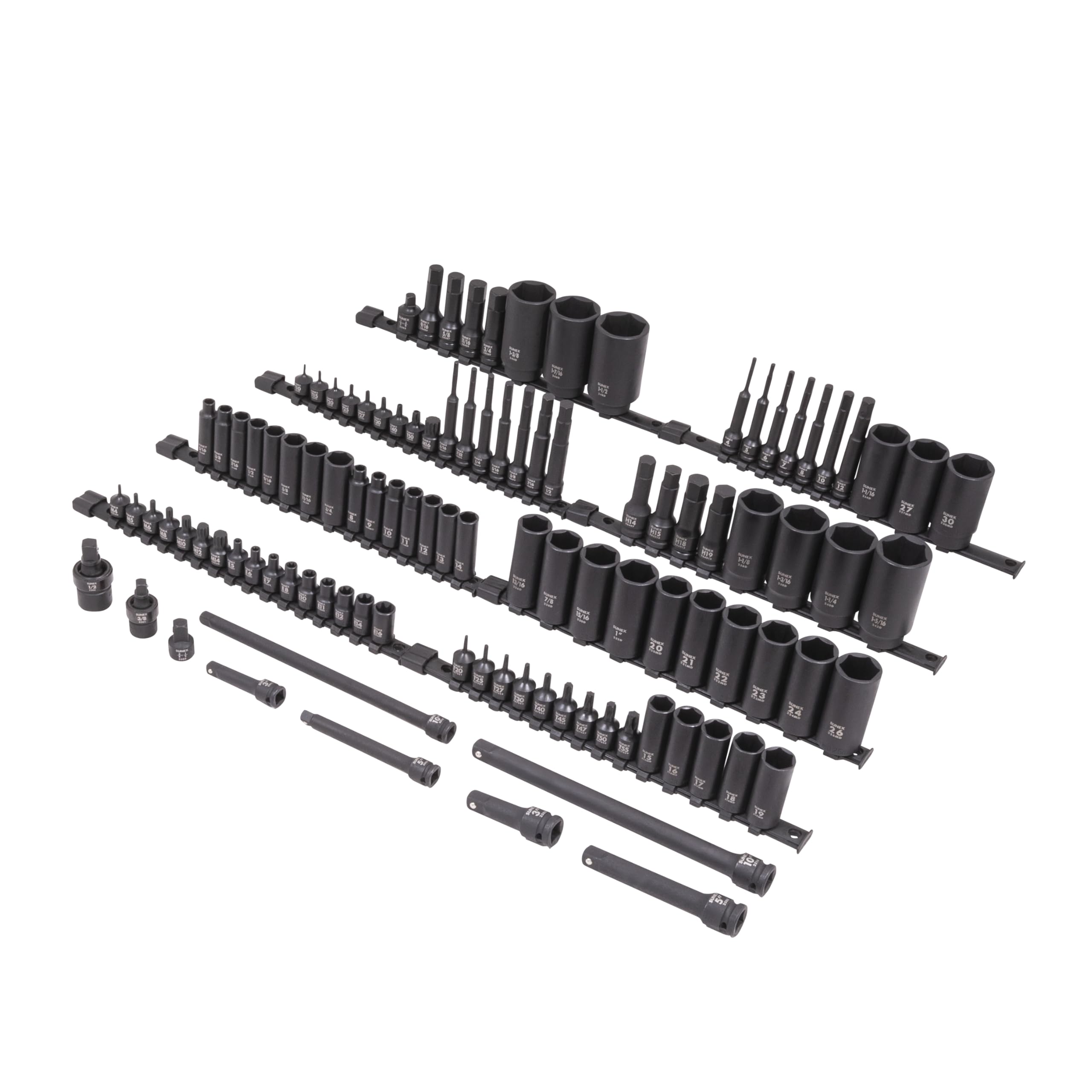 SUNEX 10105 Zestaw nasadek i bitów 3/8″ i 1/2″ – SAE i metryczne, 6-kątne, standardowe i głębokie, z nasadkami typu Torx (E i zabezpieczone), potrójnymi kwadratami i bitami sześciokątnymi, 105 szt.