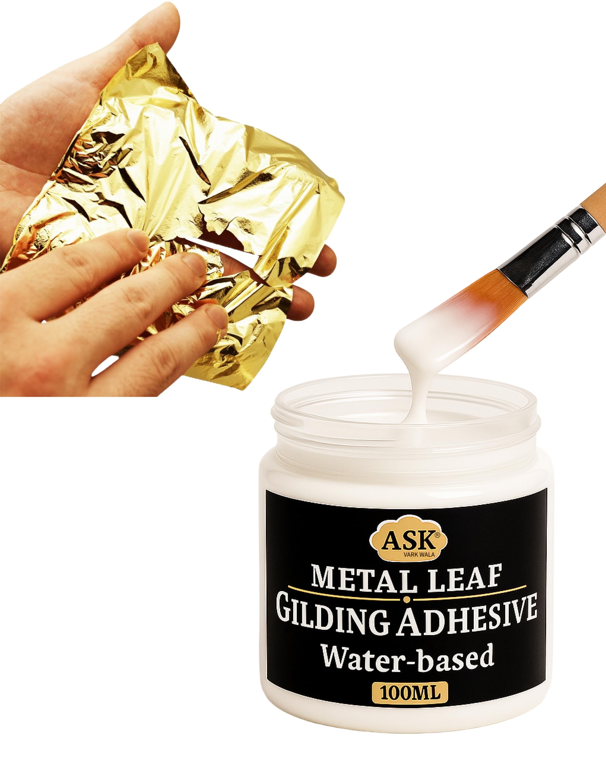 Gold Leaf Kit – 100ml Gilding Adhesive & (8x8cm) 100 Sheets Imitation Gold Foil | Quick-Dry Craft Glue & Metallic Leaf for Art, Craft, Wood & Decorative Projects