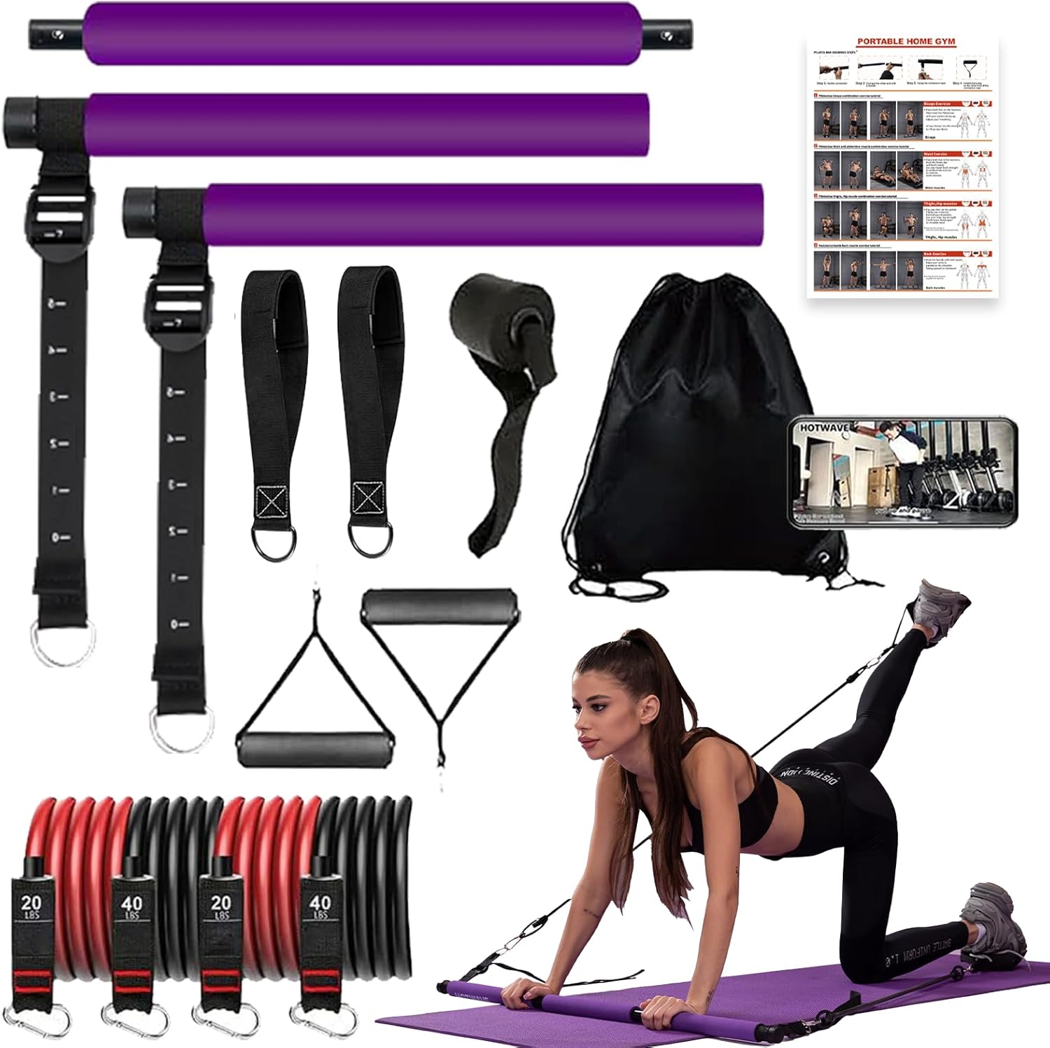 Ultimate Pilates bar kit.Multiple Fitness bar with Resistance Bands, Ab Rollers. Core Strength Training Equipment. Squat Machine for Men and Women. Portable Home Gym