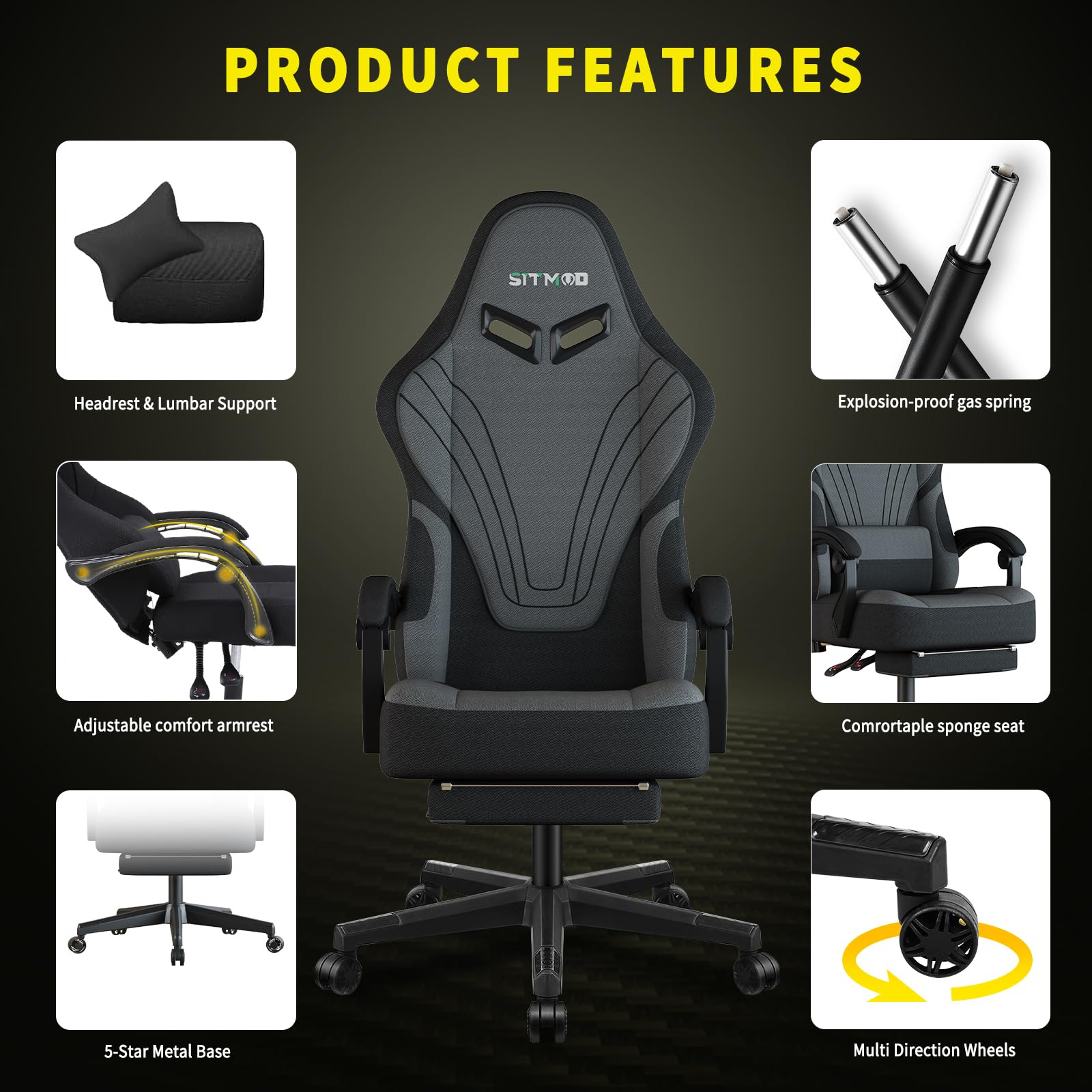 Ulody Sedia da gioco, ergonomica, con poggiapiedi, sedia per PC con poggiatesta e cuscino lombare, girevole a 360 gradi, in tessuto regolabile in altezza(GRIGIO)