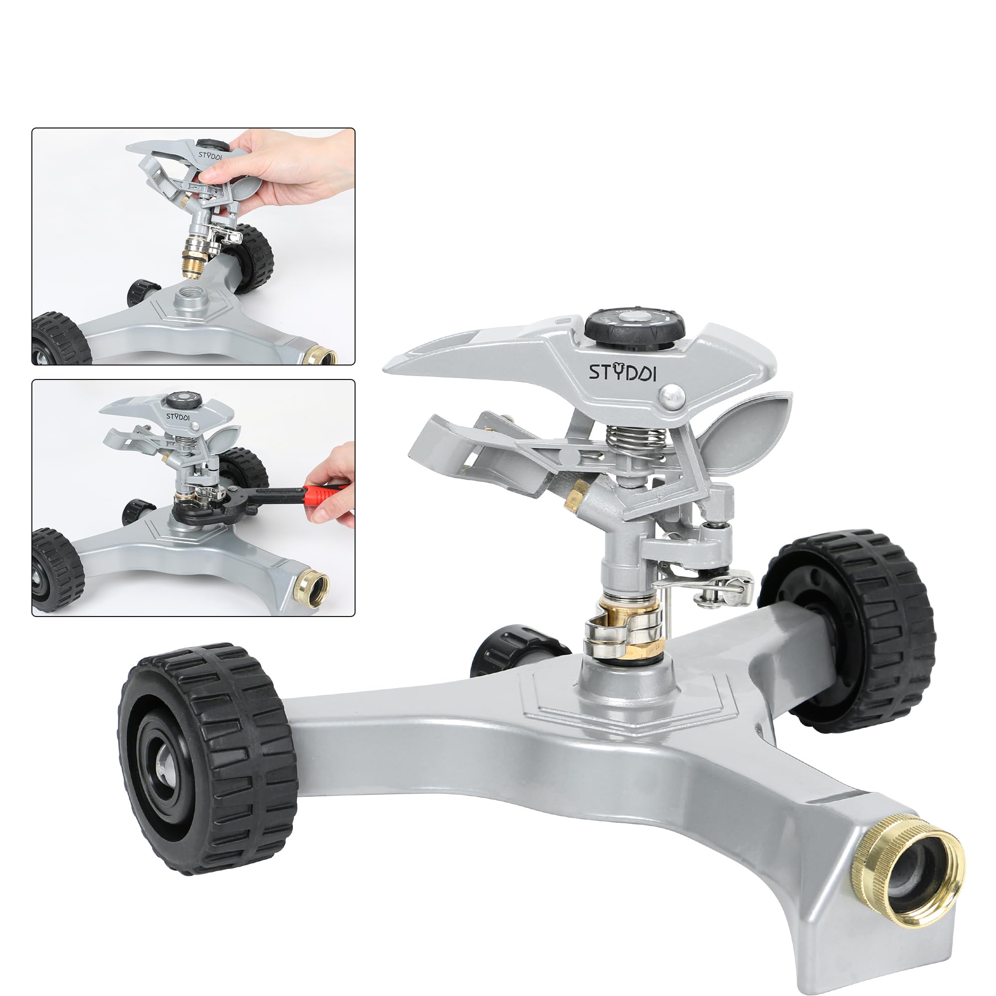 STYDDI Irrigatore pulsante in metallo su base con ruote in metallo in-serie, irrigatore circolare regolabile per prato circolare di medie e grandi dimensioni, cortile, giardino e grandi aree