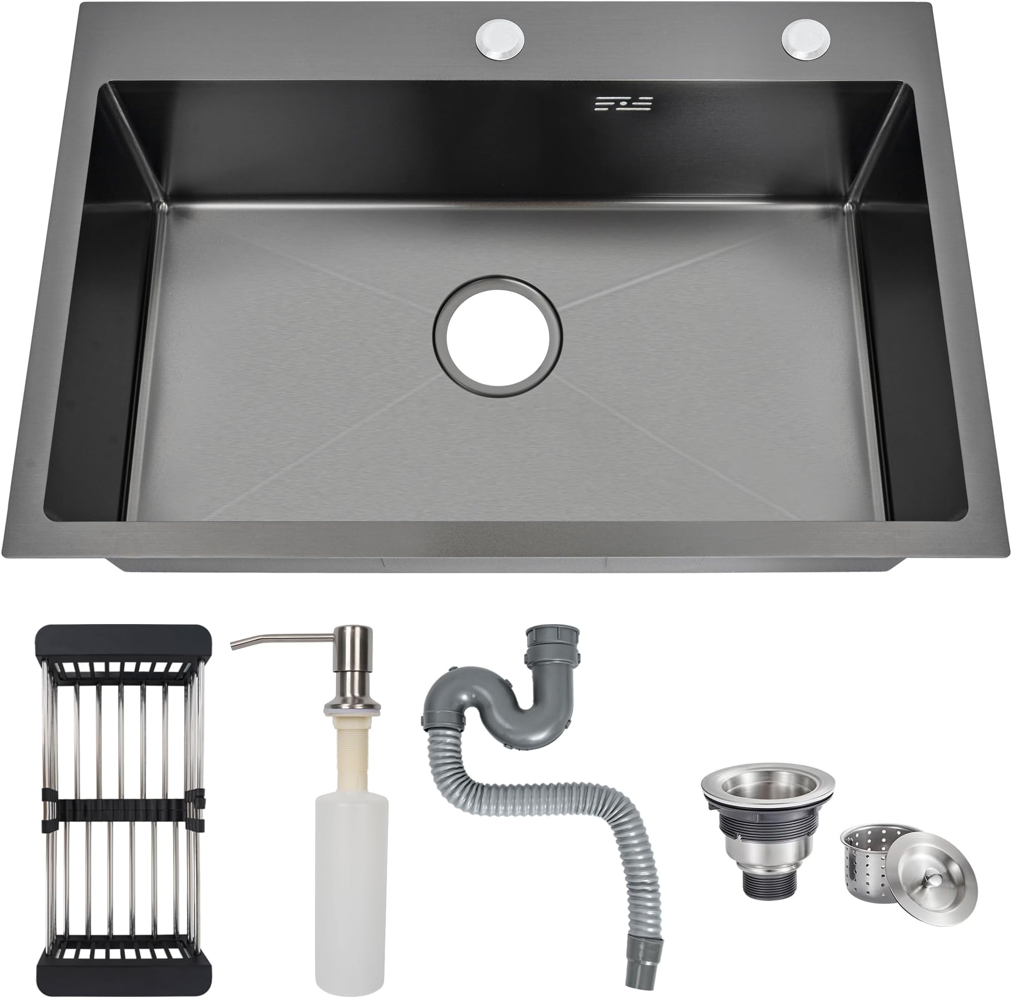 Stainless steel square sink 68 x 45 x 20 cm, built-in sink large kitchen sink with foldable strainer basket, stainless steel sink with siphon and overflow set