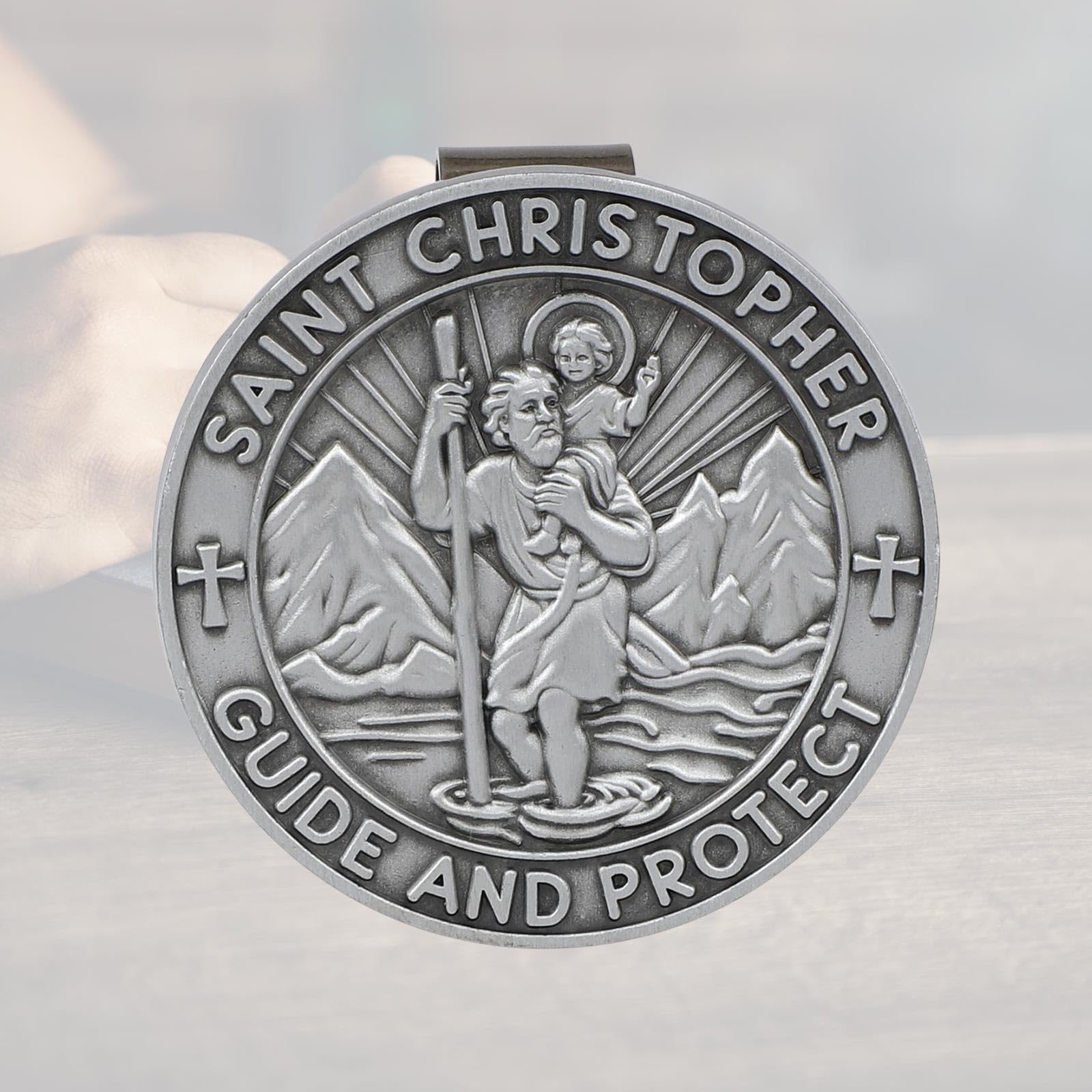 Medal Św. Krzysztofa do Klipsa na Osłonę Przeciwsłoneczną Samochodu, 5cm Stop Cynku Akcesorium Samochodow Talizman Bezpieczeństwa w Podróży i Ochrona dla Kierowców Przyjaciół i Rodziny