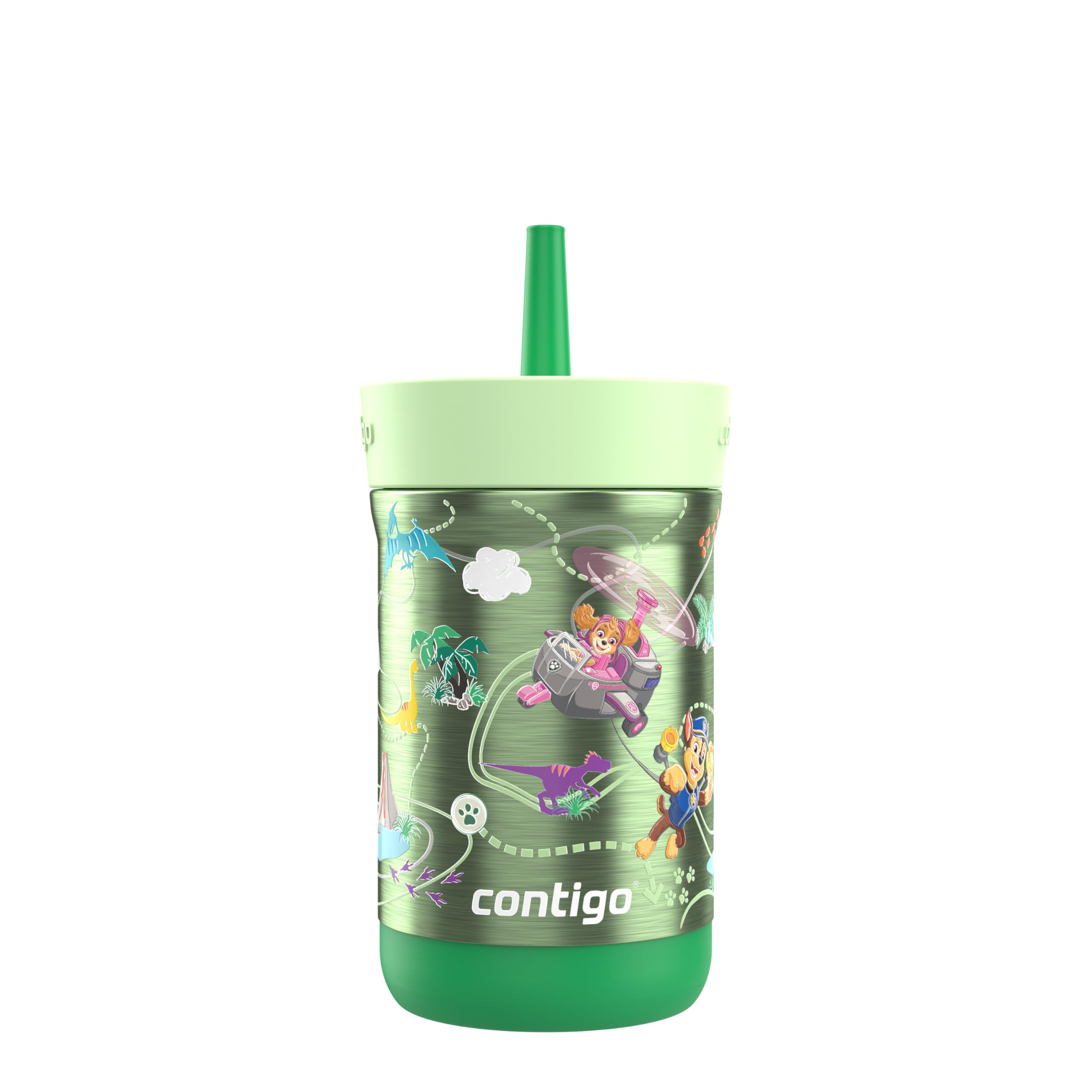 Contigo Kids Leighton Spill-Proof Stainless Steel Paw Patrol Tumbler with Straw 12oz Dino Treks Green