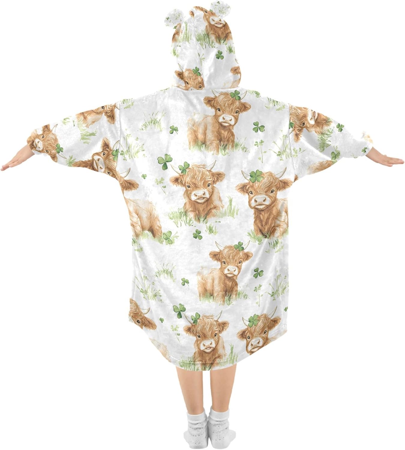 St Patricks Day Highland Cow Clover Kids Wearable Blanket Hoodie and Sleeves for Toddlers, Cute Hoodies Girls B0403788